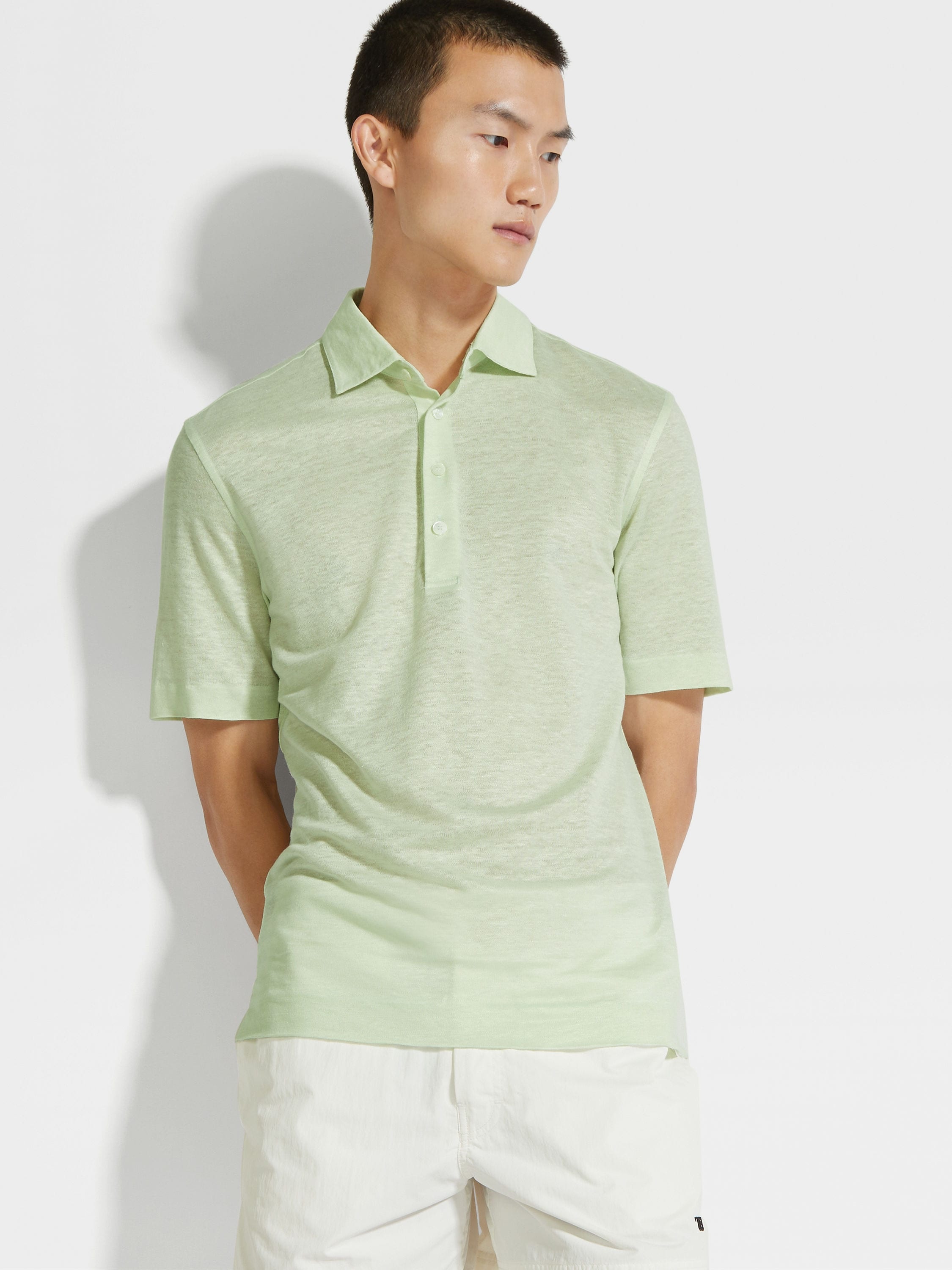 LIGHT AQUA GREEN LINEN POLO SHIRT - 3