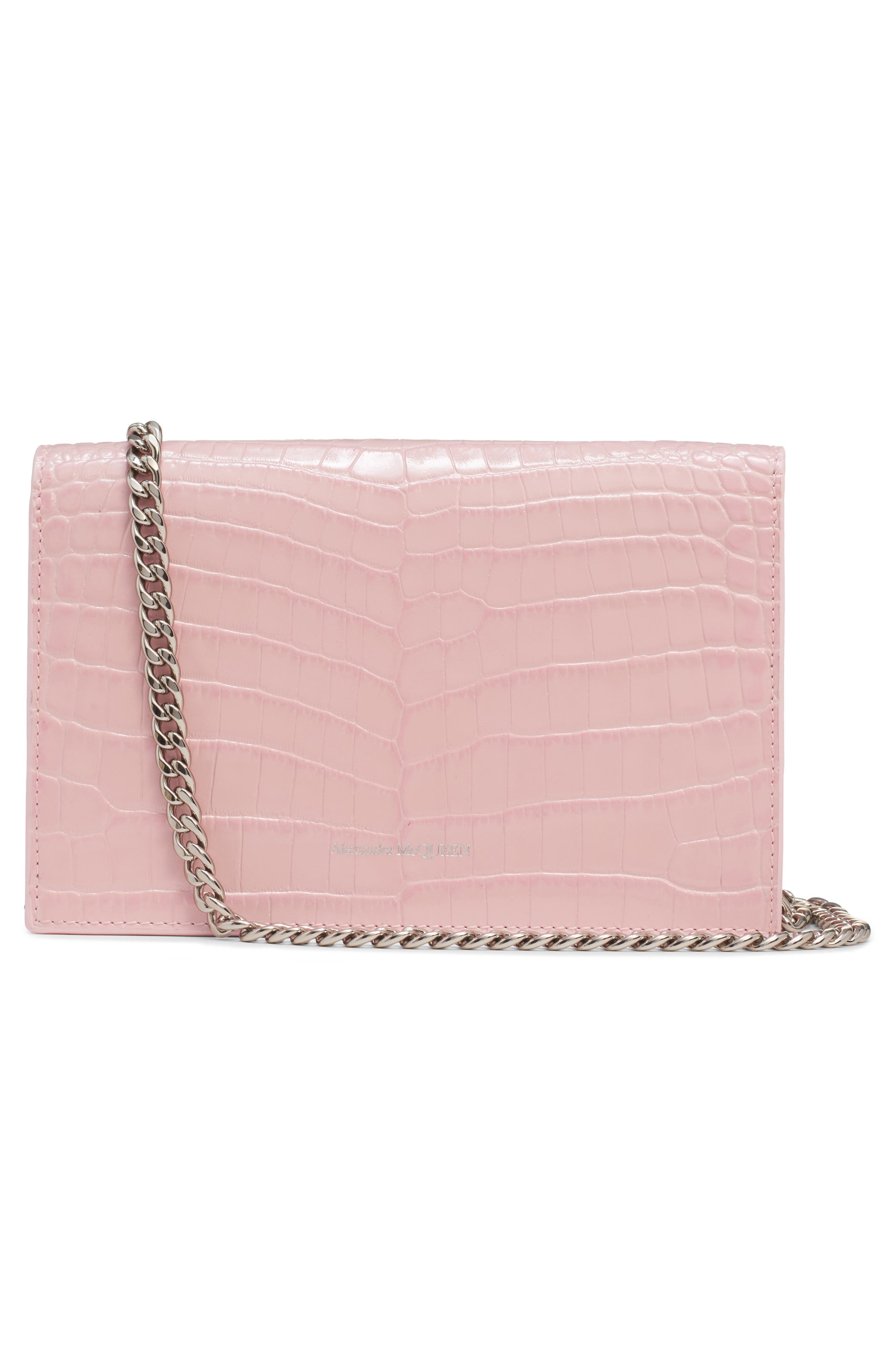 Alexander McQueen Mini Skull Croc Embossed Leather Shoulder Bag in Rose/Silver at Nordstrom - 3