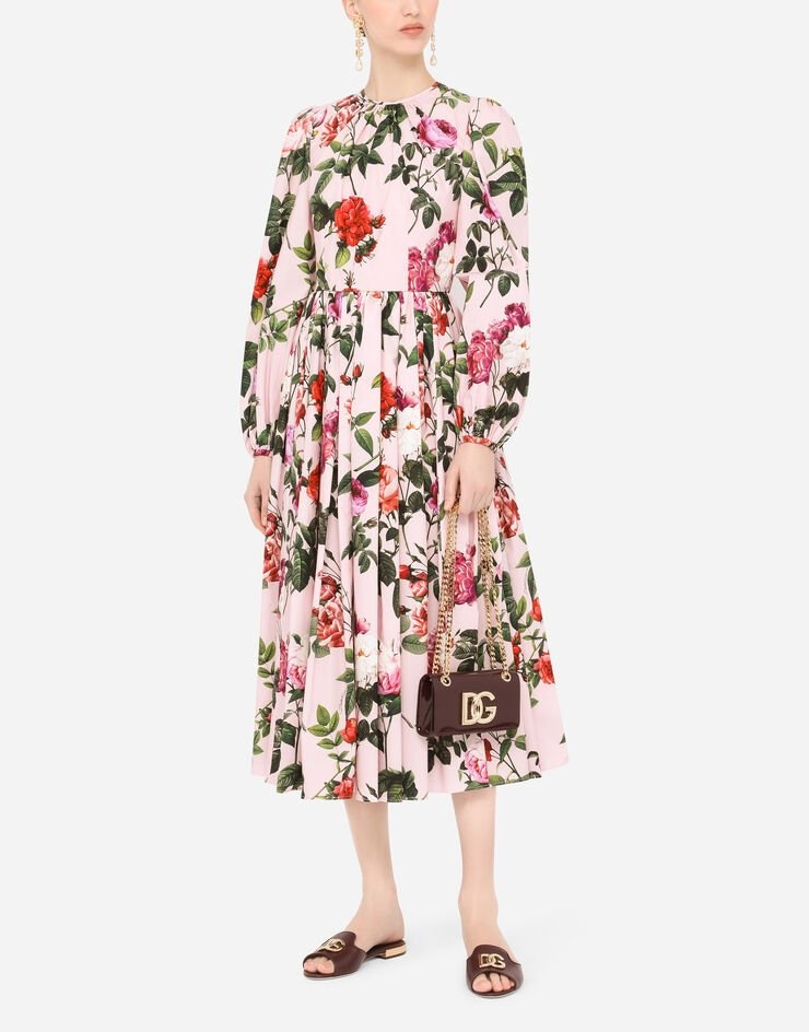 Rose-print poplin calf-length dress - 6