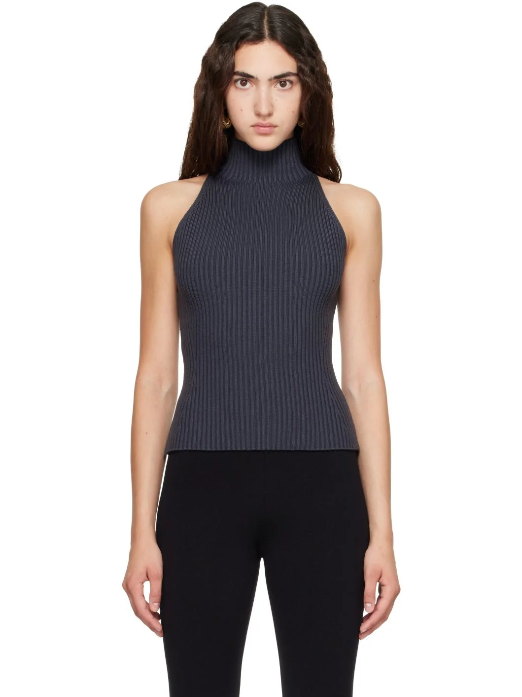 Gray Halter Neck Rib Knit Tank Top - 1