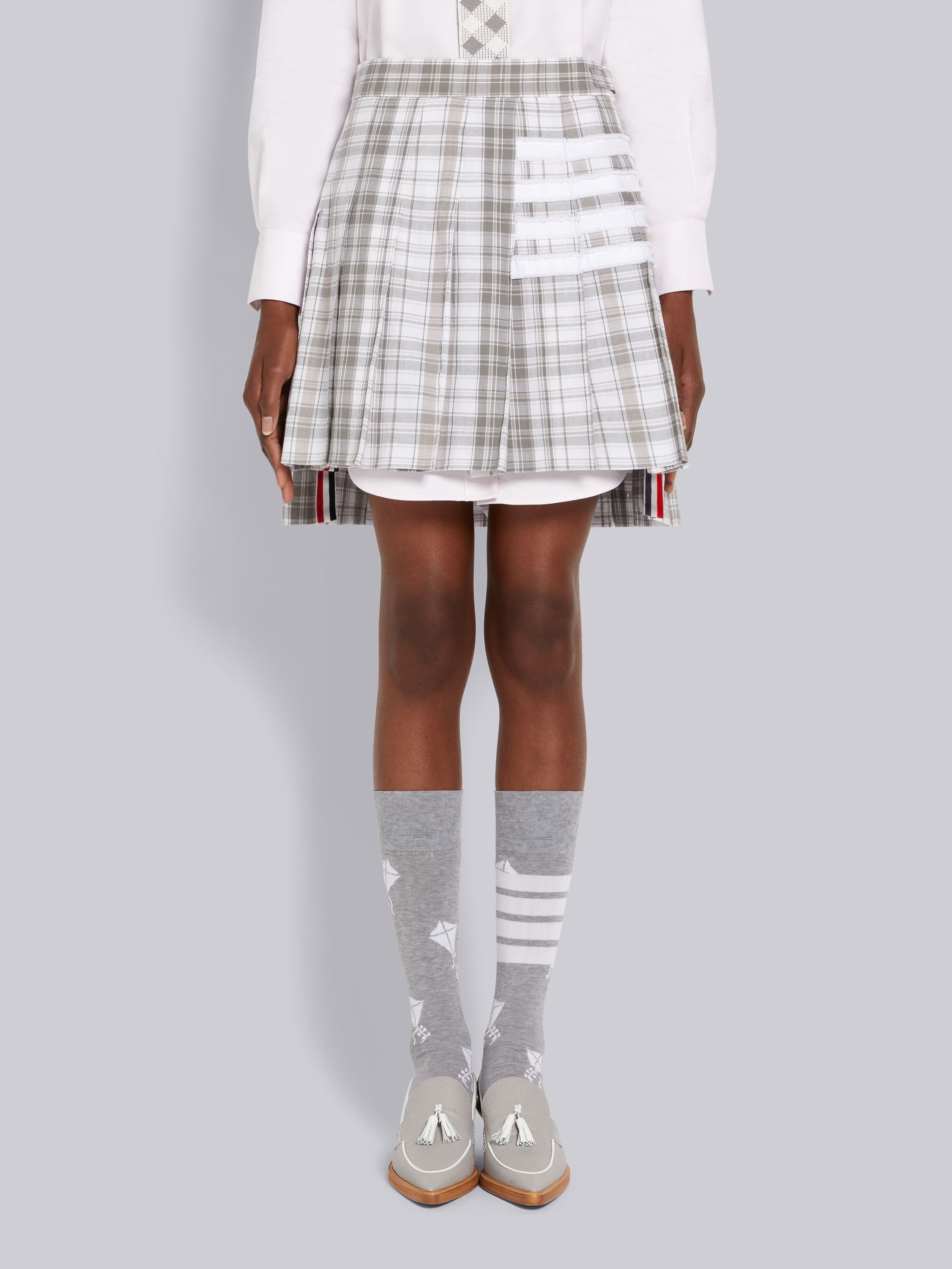 Medium Grey Stripe Plaid Oxford 4-Bar Dropped Back Pleated Mini Skirt - 1