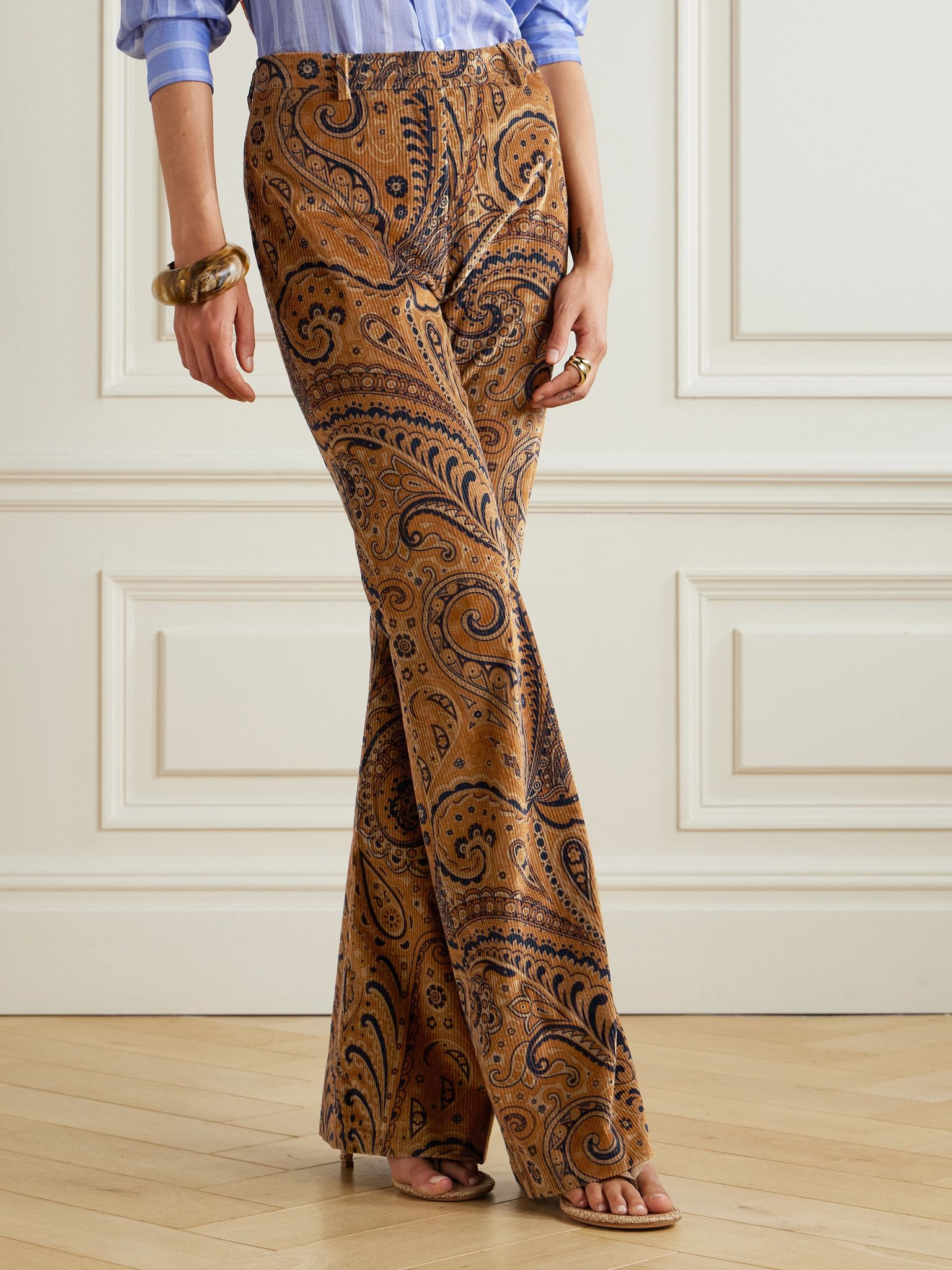 Paisley-print stretch-cotton corduroy flared pants Brown - 3