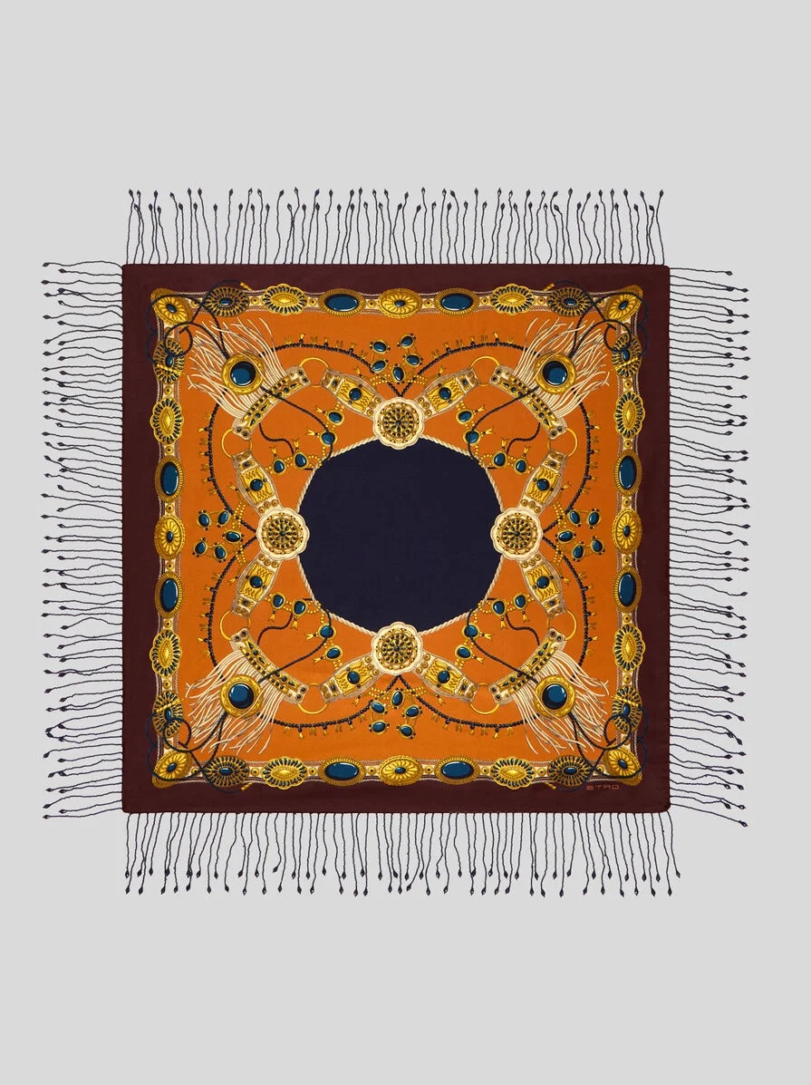 SILK SCARF WITH FRINGING AND JEWEL MOTIF - 1