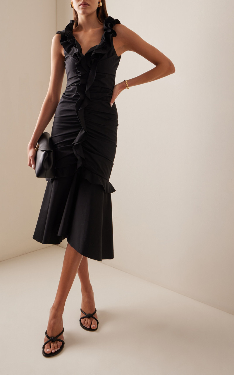 Ruffled Cotton-Blend Midi Dress black 3