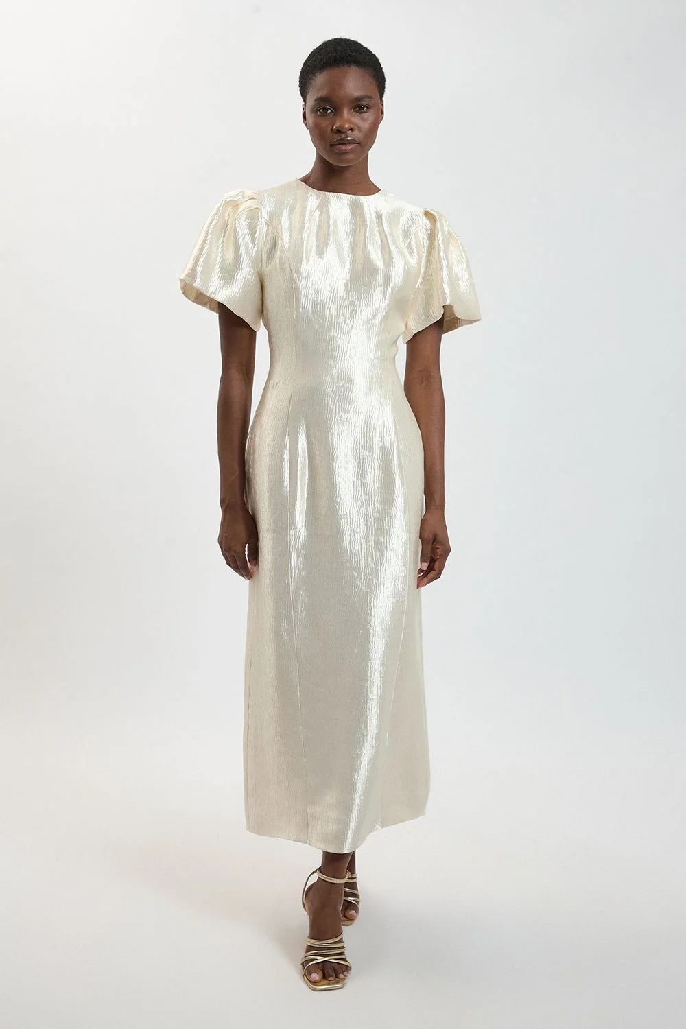 Petite Puff Sleeve Metallic Textured Midi Dress - 1