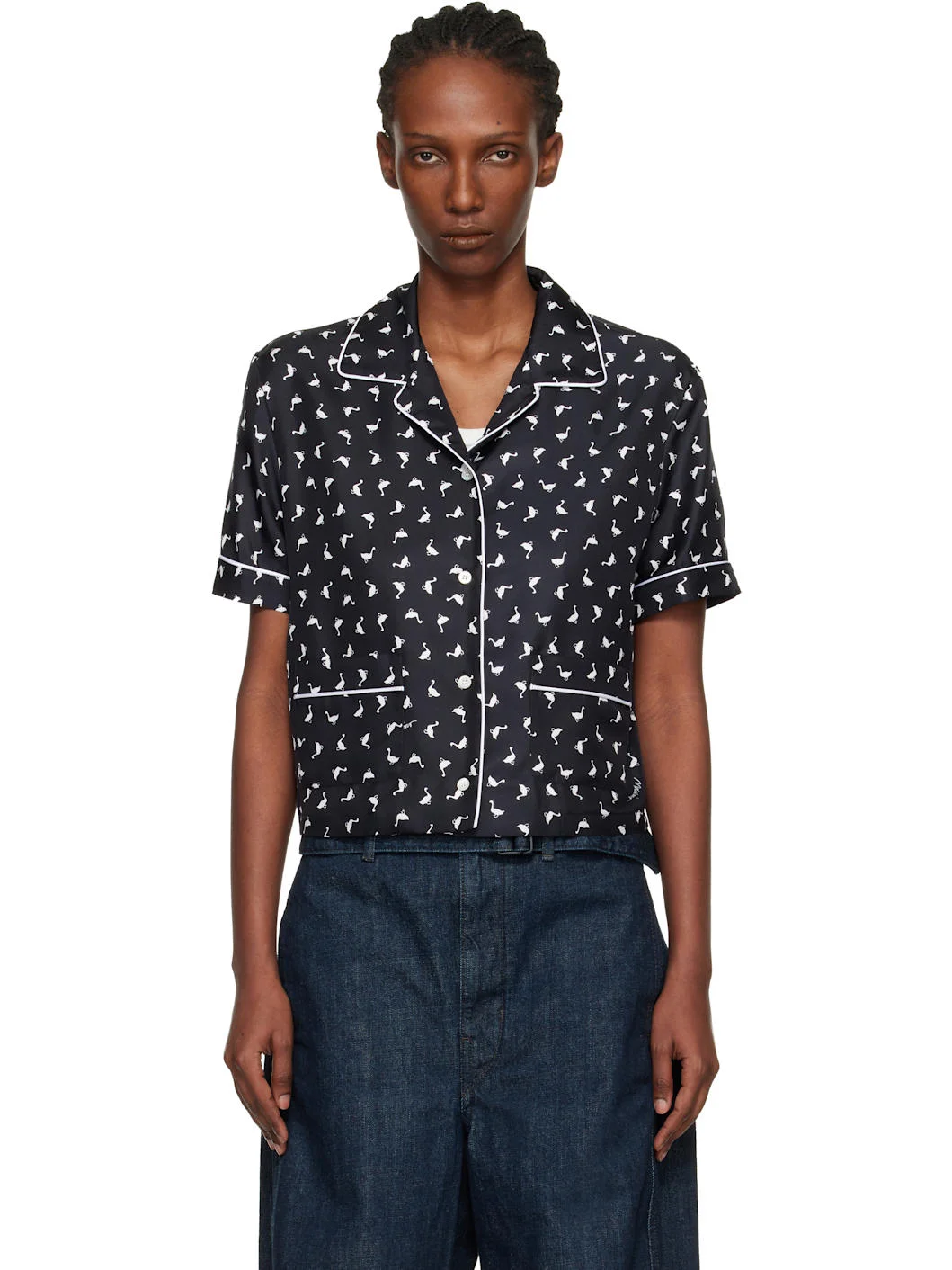 Black All Over Small Goose Print Silk Twill Blouse - 1