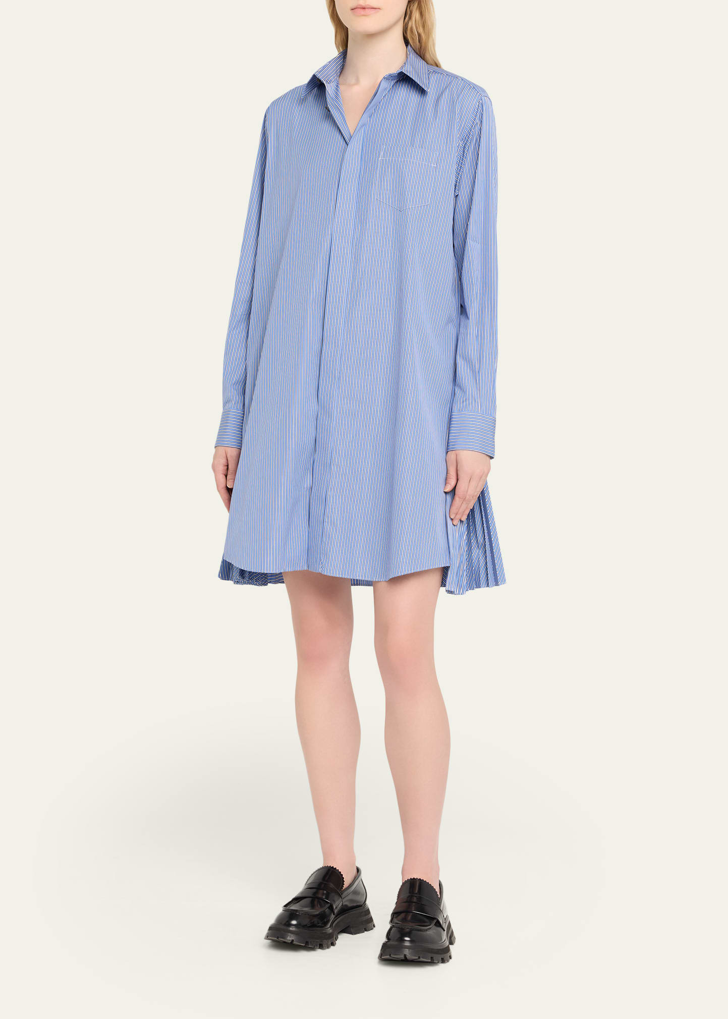 Pleated Sides Striped Poplin Shirtdress - 4