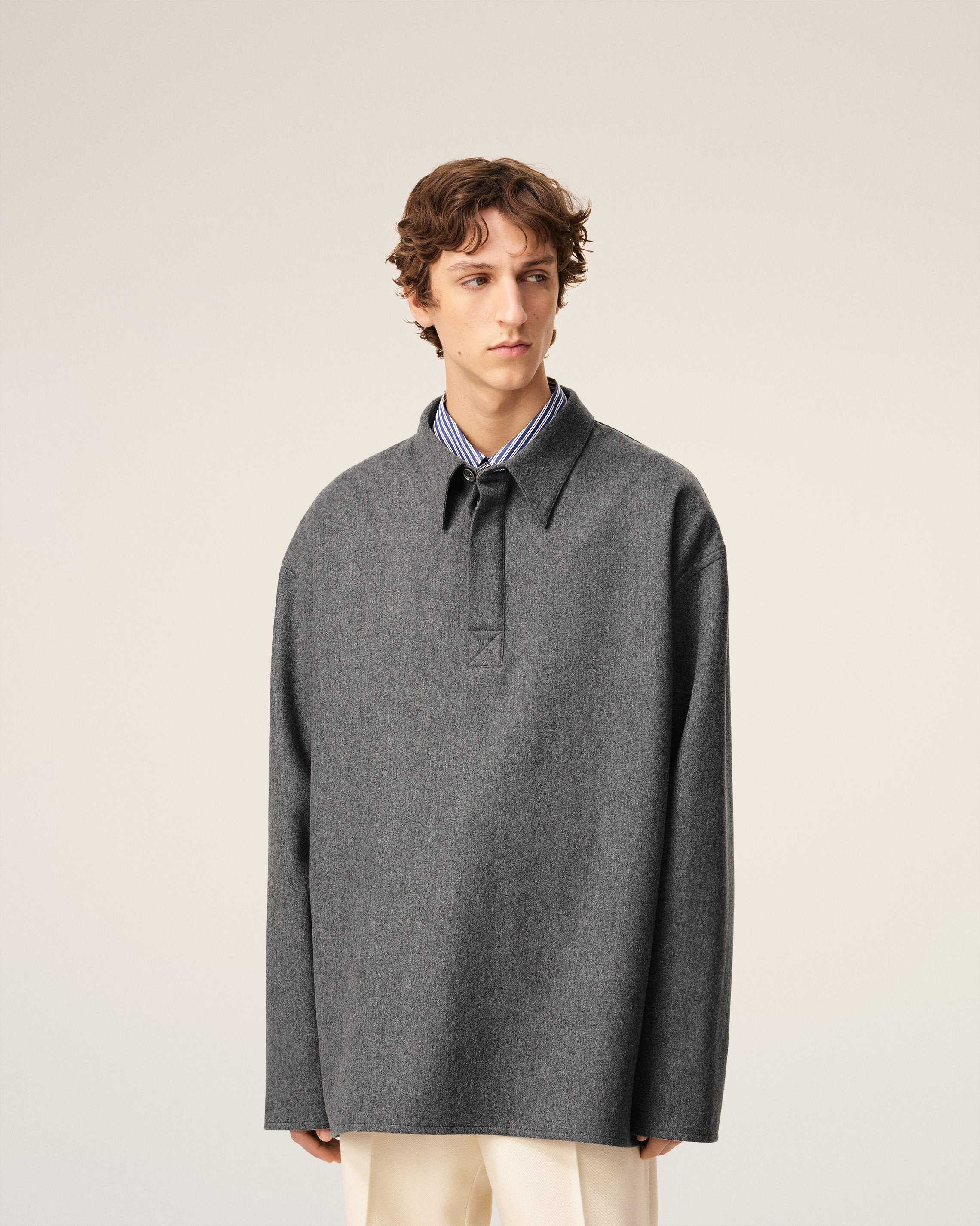 GREY WOOL  LONG  SLEEVES POLO SHIRT - 3