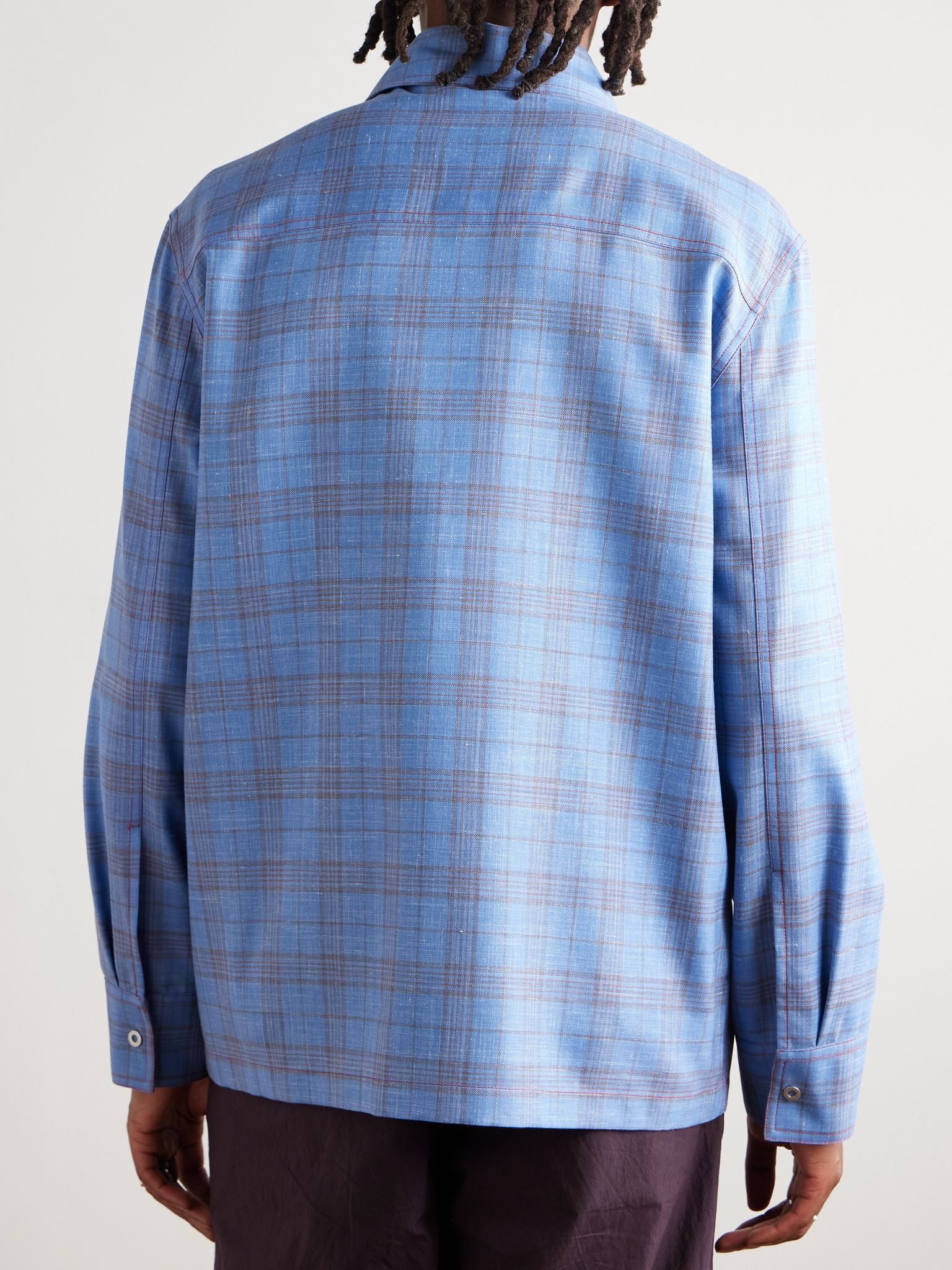 Checked Wool and Linen-Blend Shirt Blue - 4