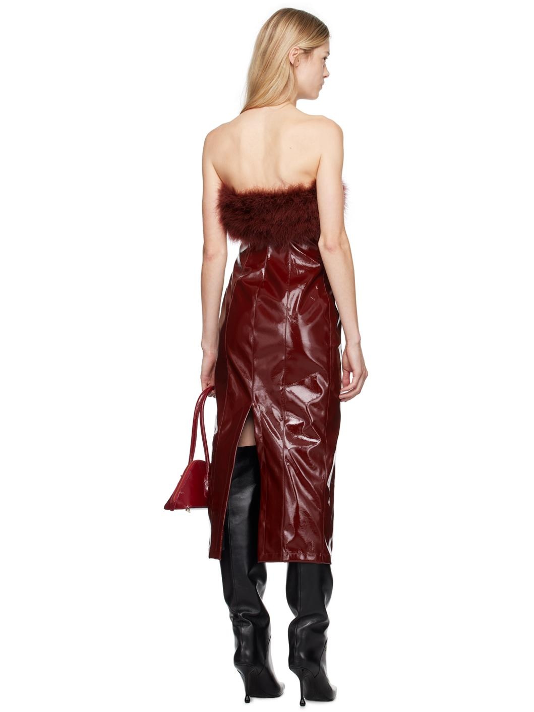 Burgundy Marabou Feather Faux-Leather Midi Dress - 3