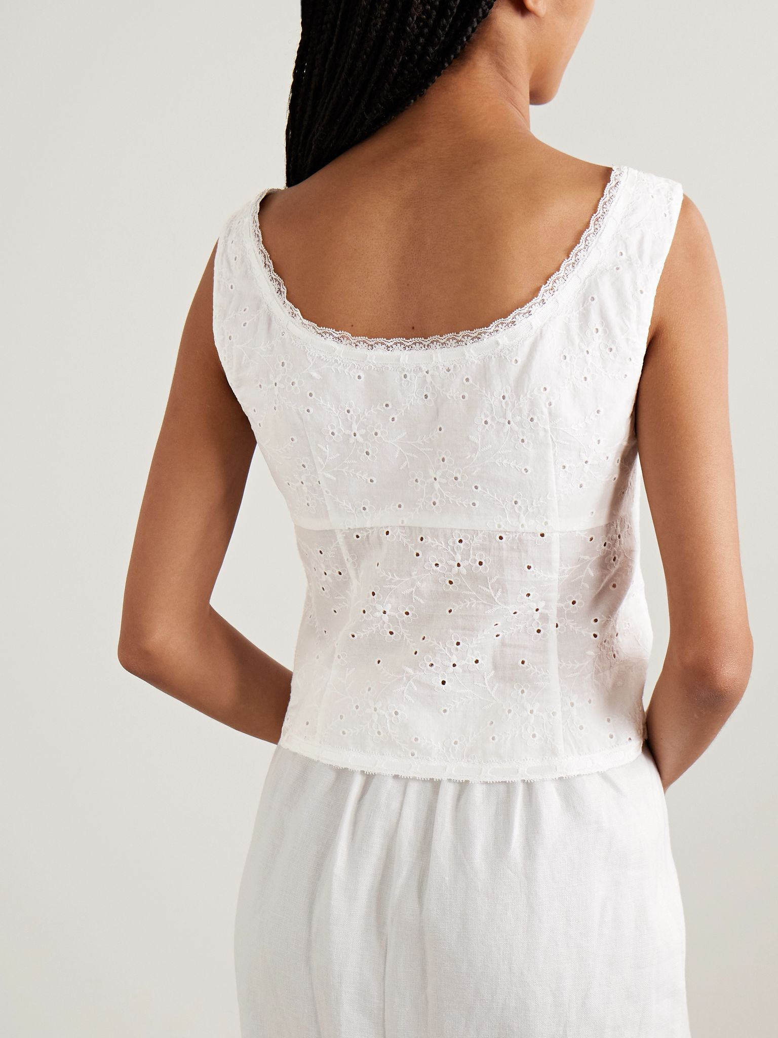 Lou lace-trimmed broderie anglaise cotton tank White - 3