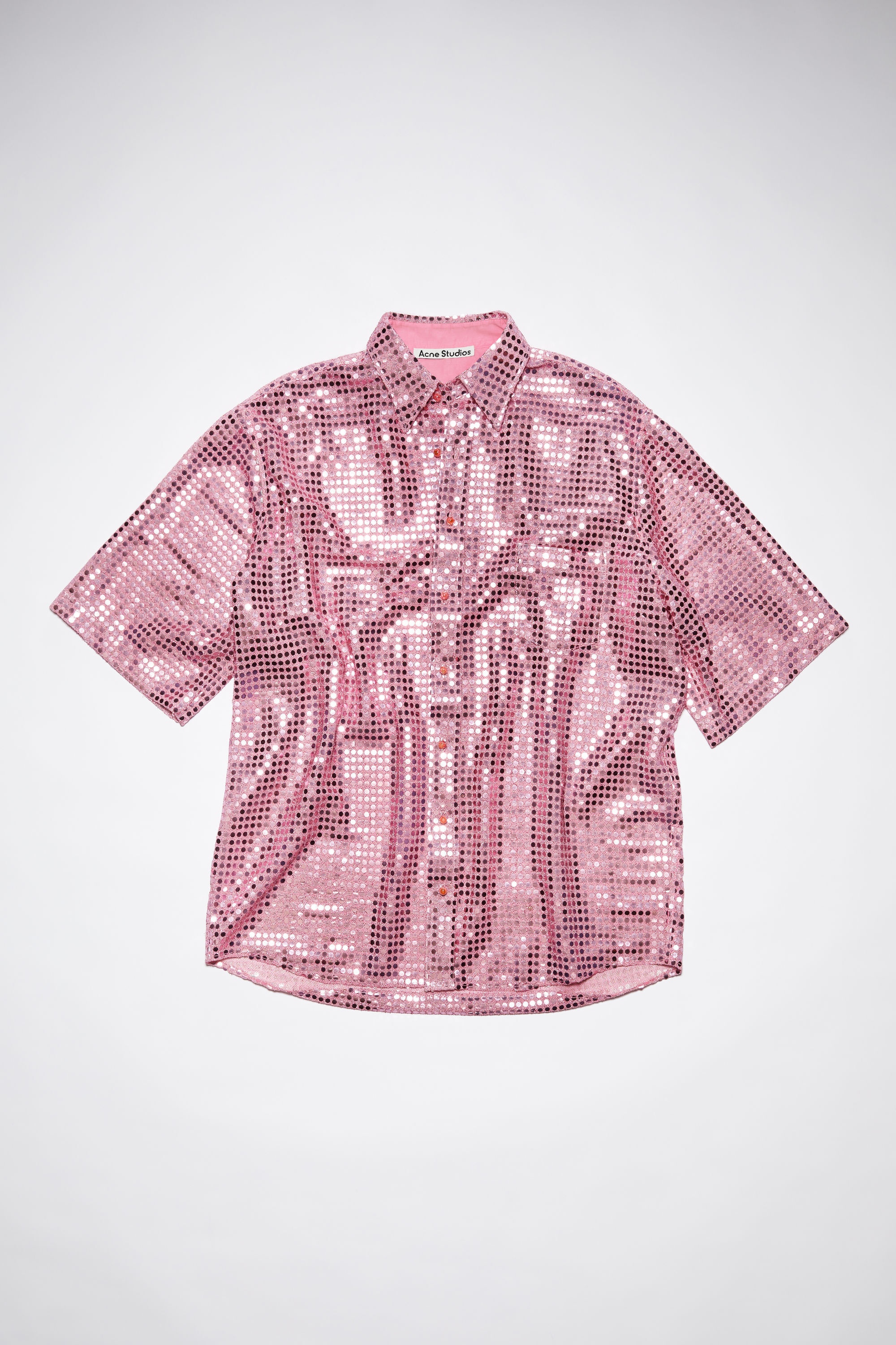 Sequined short sleeve button-up shirt - Pink - 6