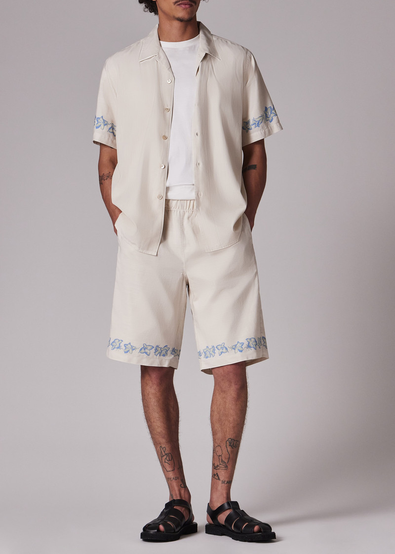 Ecru Lyocell-Cotton Floral Trim Shorts 3