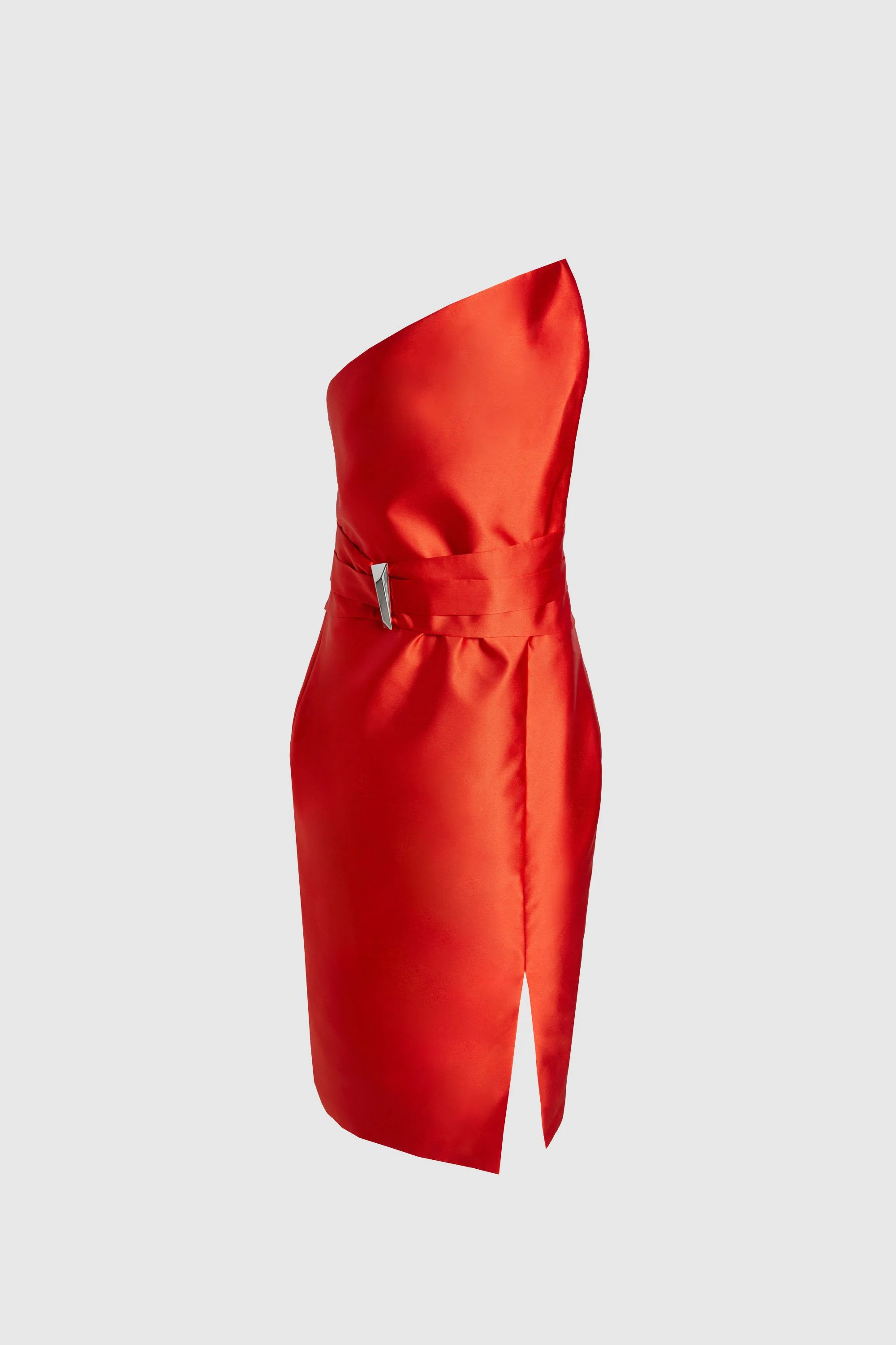 Satin Twill Trim Detail Structured Asymmetric Neck Tailored Midi Dress - 1