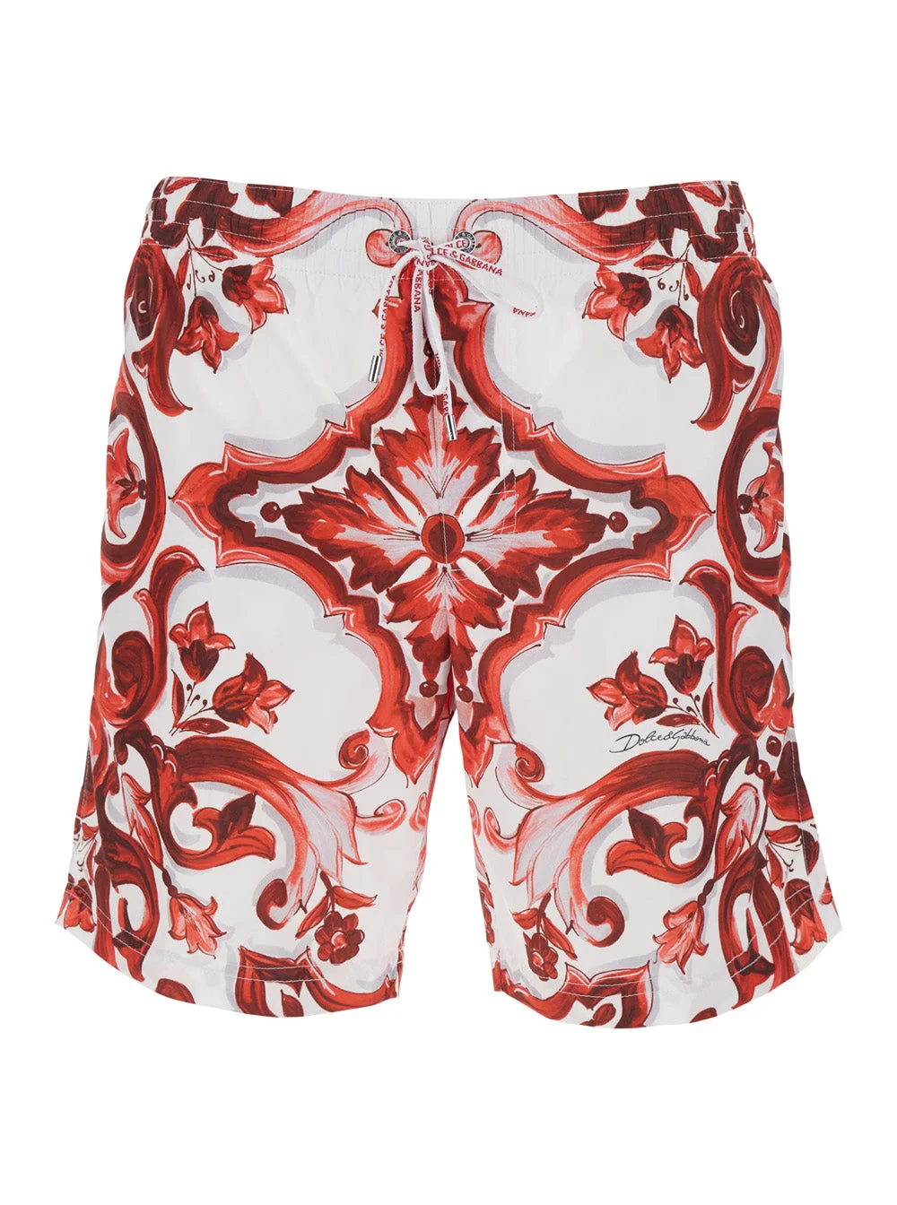 Dolce & Gabbana Men Bordeaux Swim Shorts With Drawstring Waist And All-Over Maiolica Print In Tech F - 1