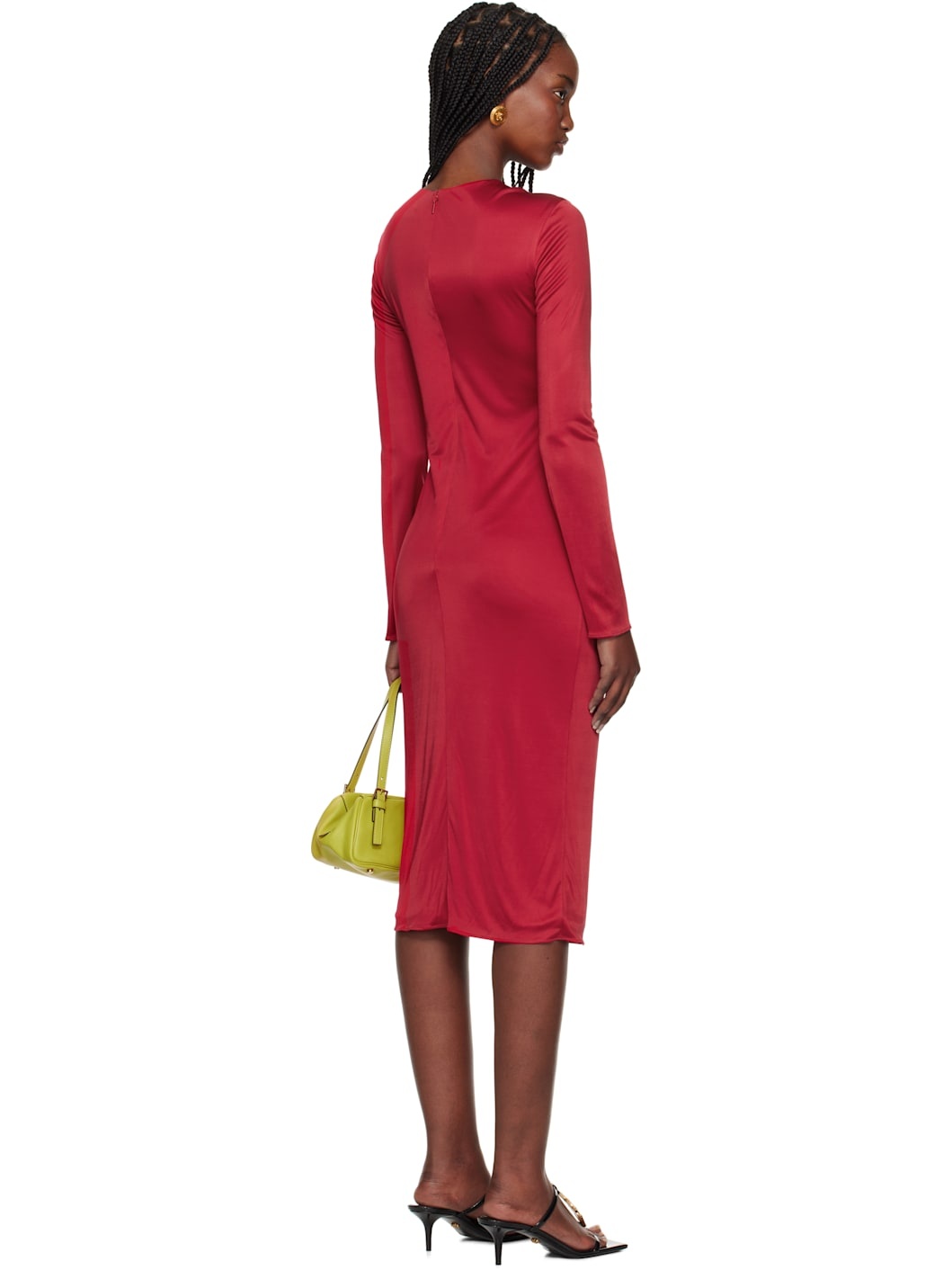 Red Safety Pin Gathered Fitted Midi Dress - 3