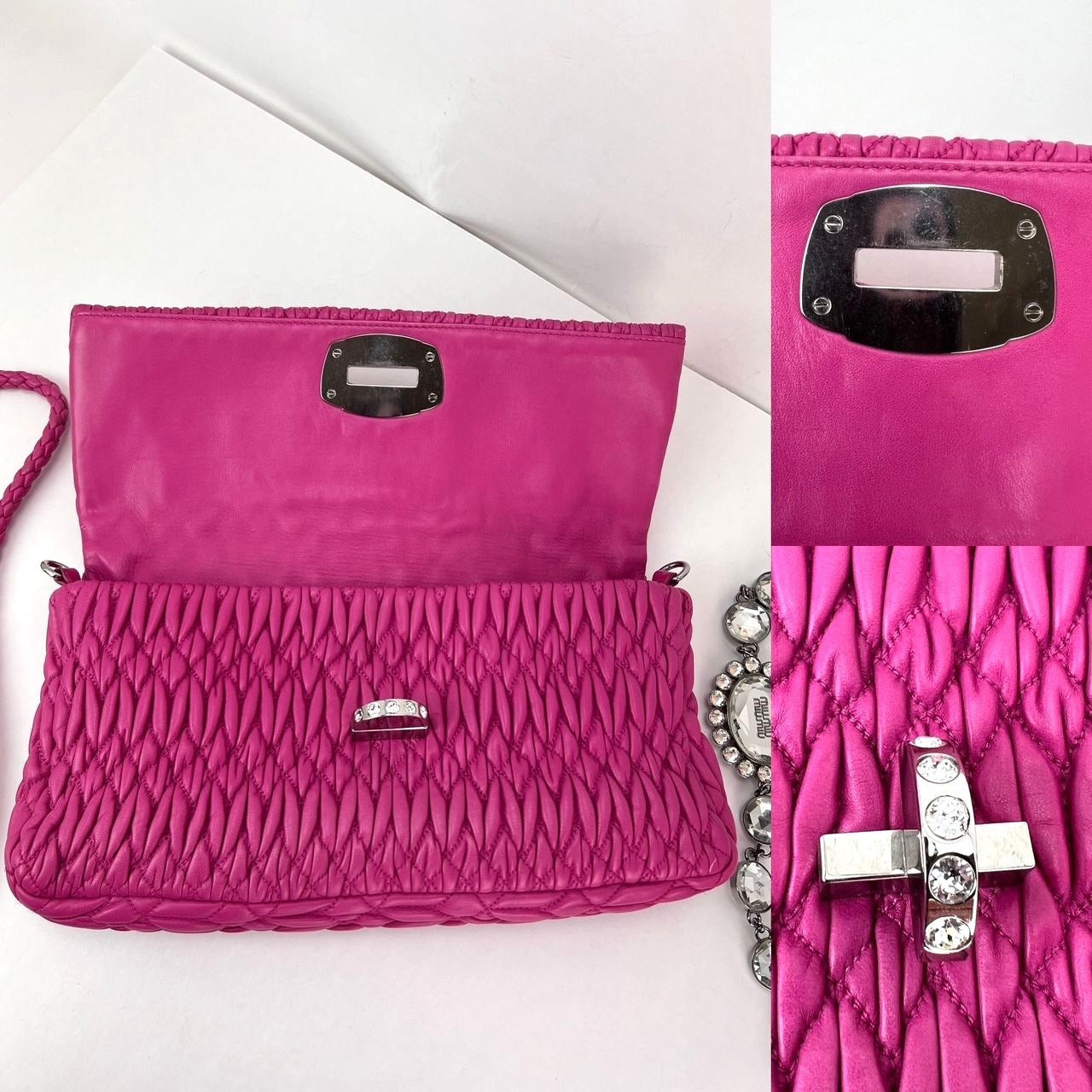 MiuMiu - MiuMui Pink Lambskin Nappa Crystal Shoulder Clutch Bag - 7