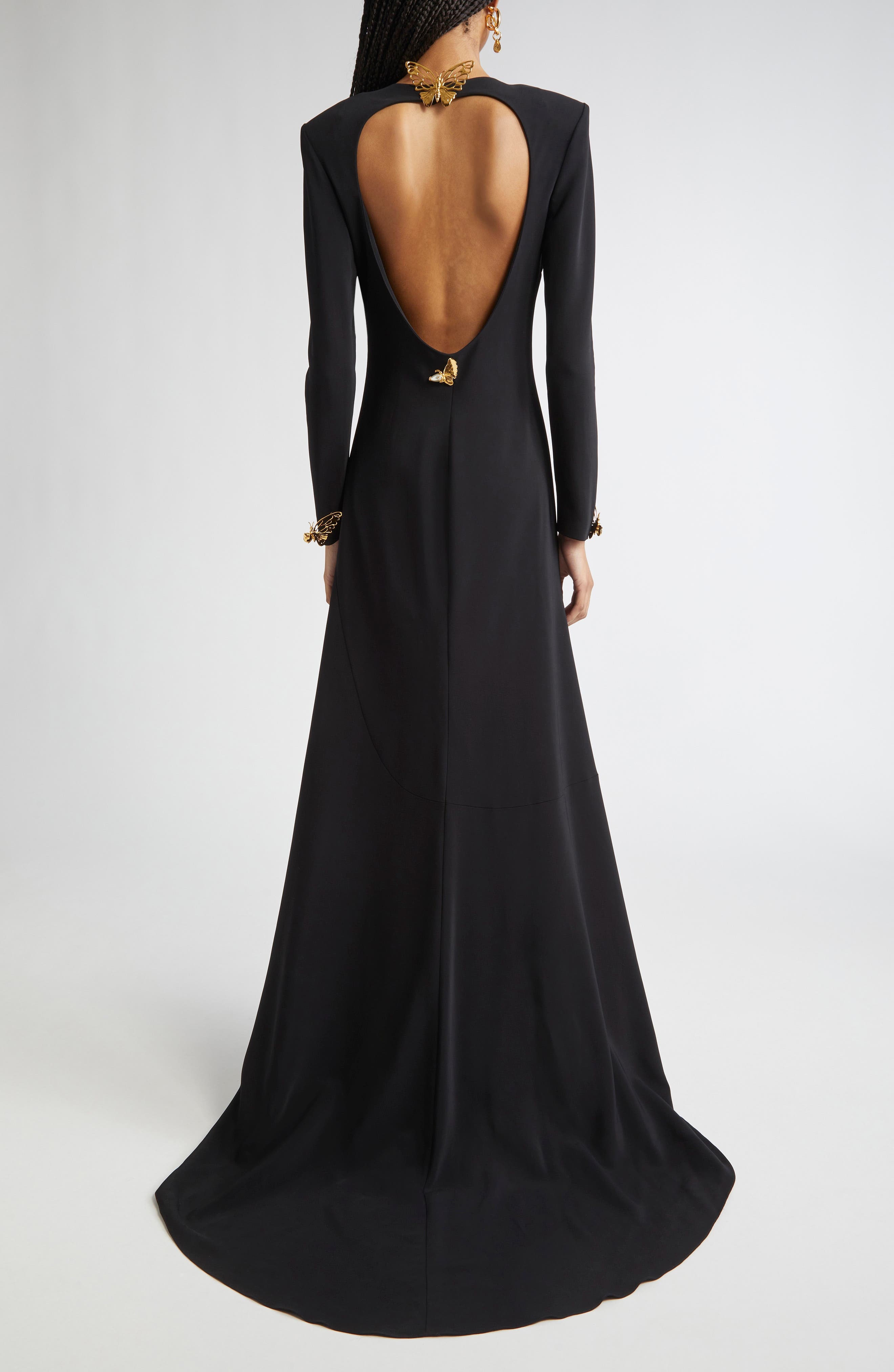 Oscar de la Renta Butterfly Detail Long Sleeve Open Back Gown in Black at Nordstrom - 2