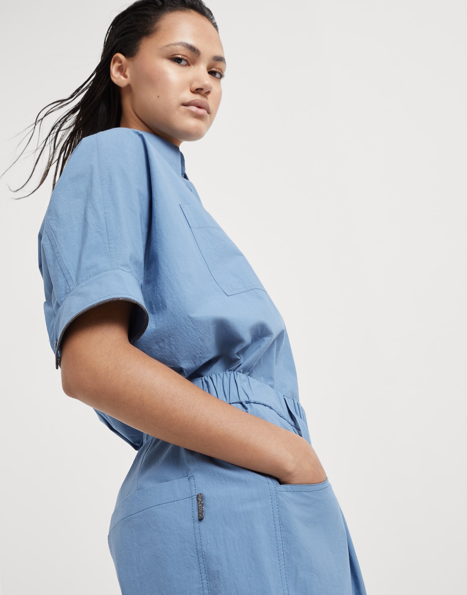 Lightweight wrinkled cotton poplin five-pocket shorts with shiny tab - 3