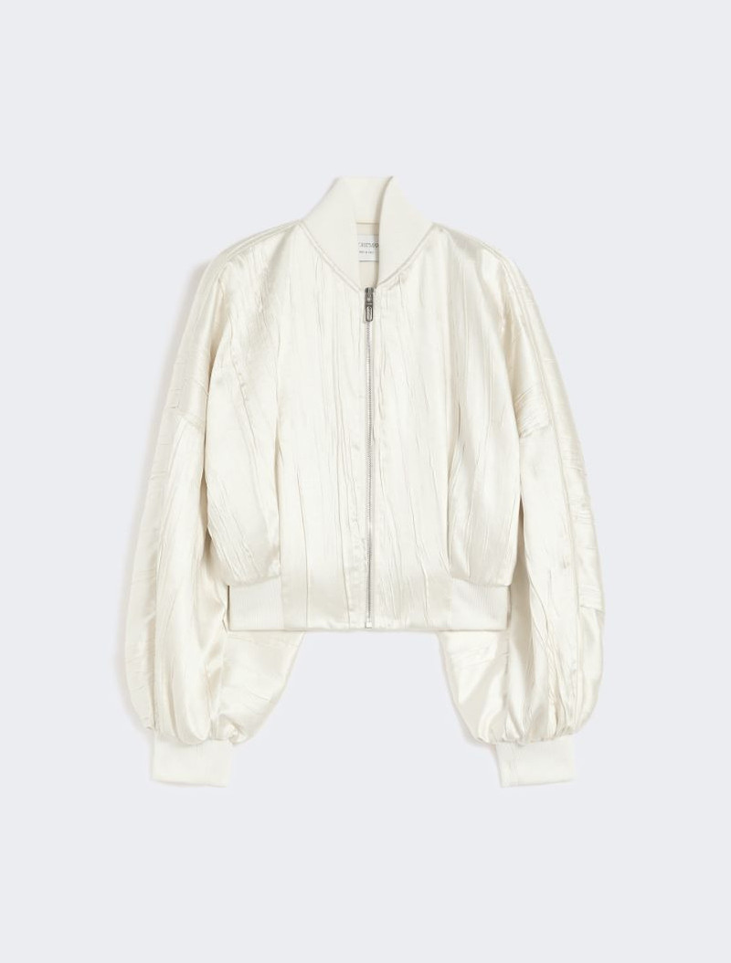 Plissé-pleated satin bomber jacket - ivory 1