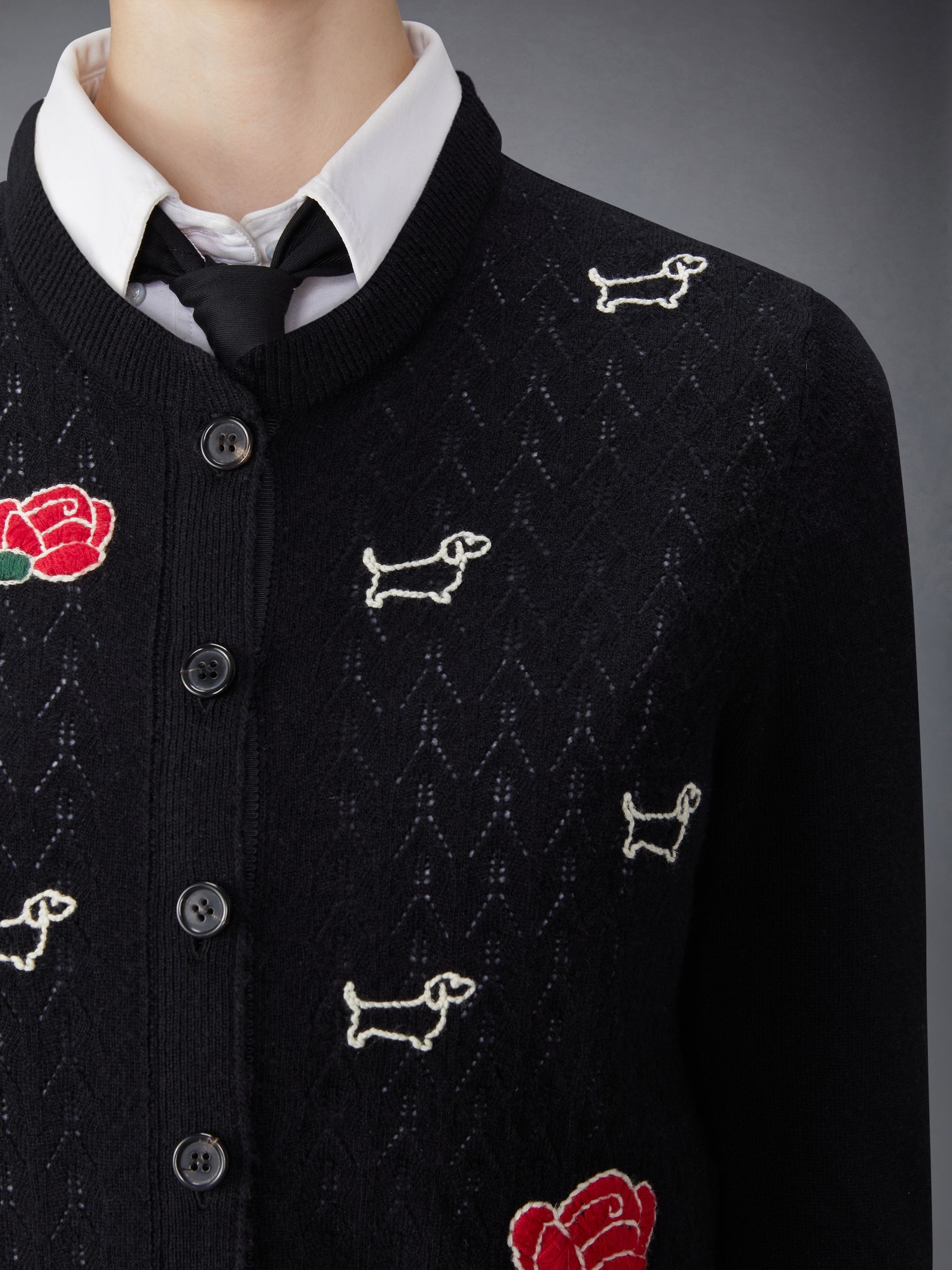 Merino Wool Pointelle Jersey Hector & Rose Crew Neck Cardigan - 6