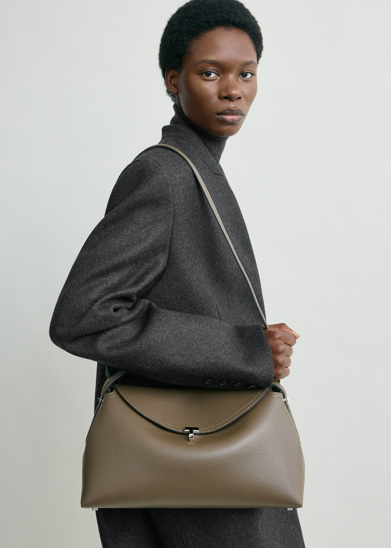T-lock grained-leather top handle dark taupe 3