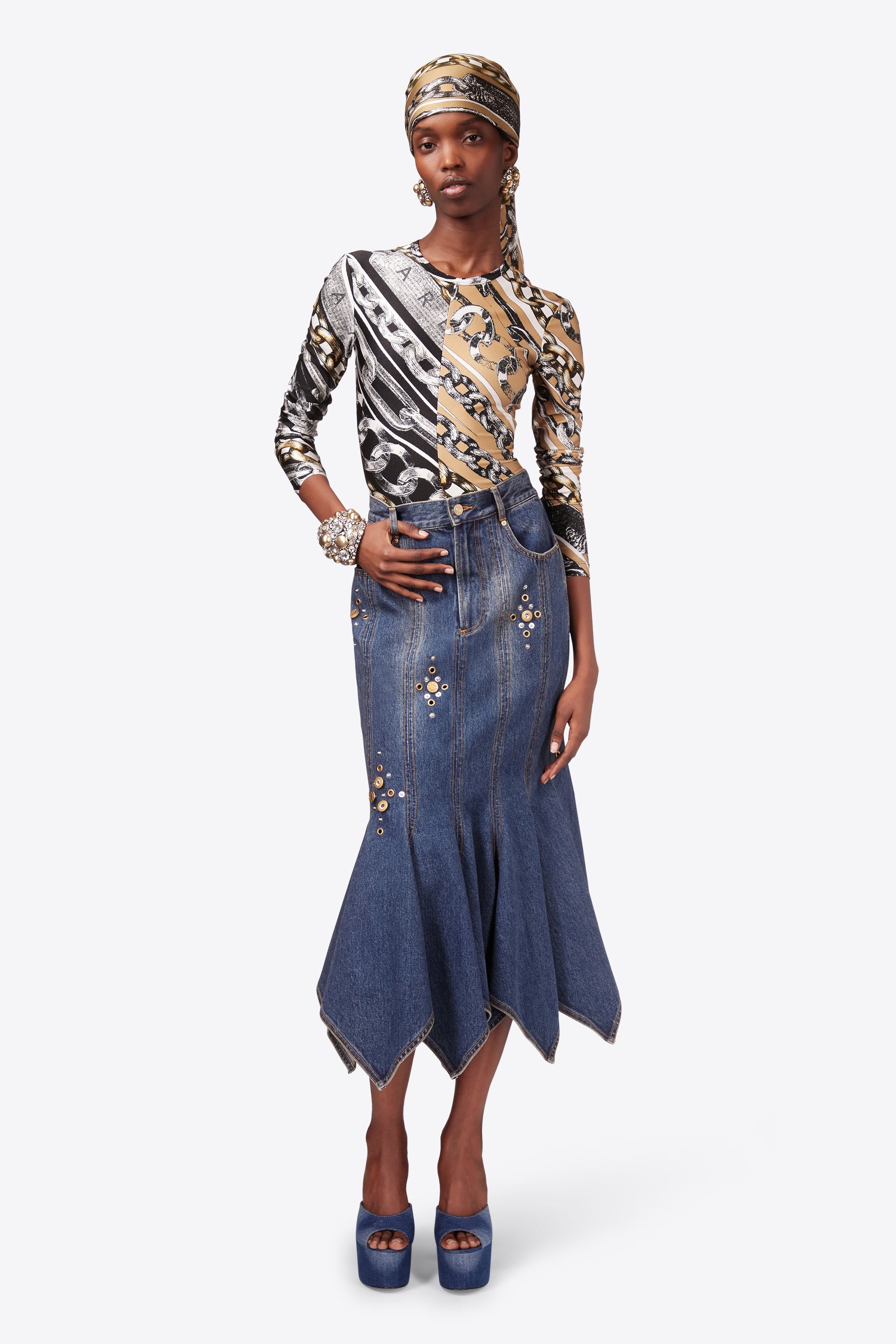 CRYSTAL BUTTON STUDDED HANDKERCHIEF SKIRT - 4