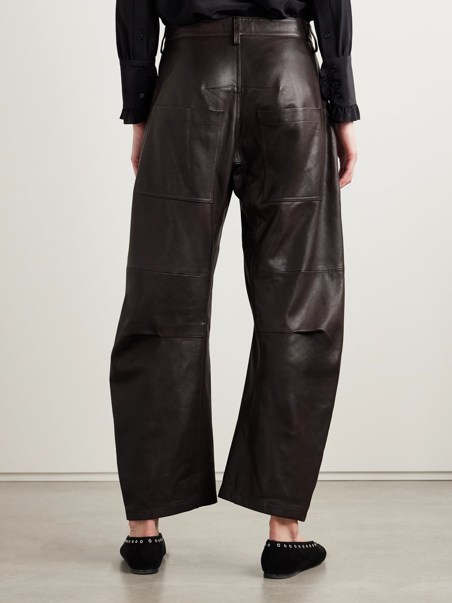 Shon leather barrel-leg pants Dark brown - 4