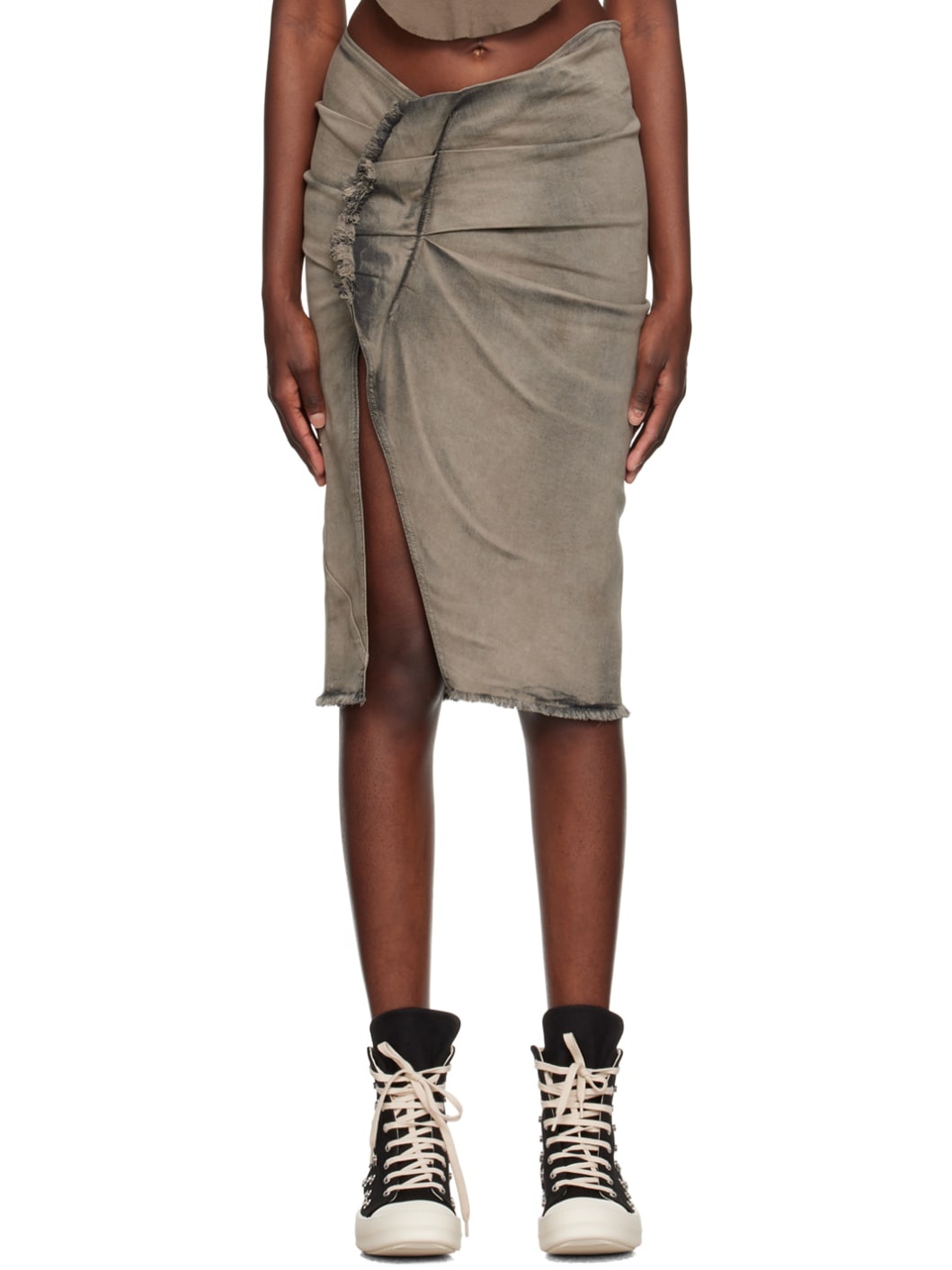 Gray Frayed Denim Midi Skirt - 1