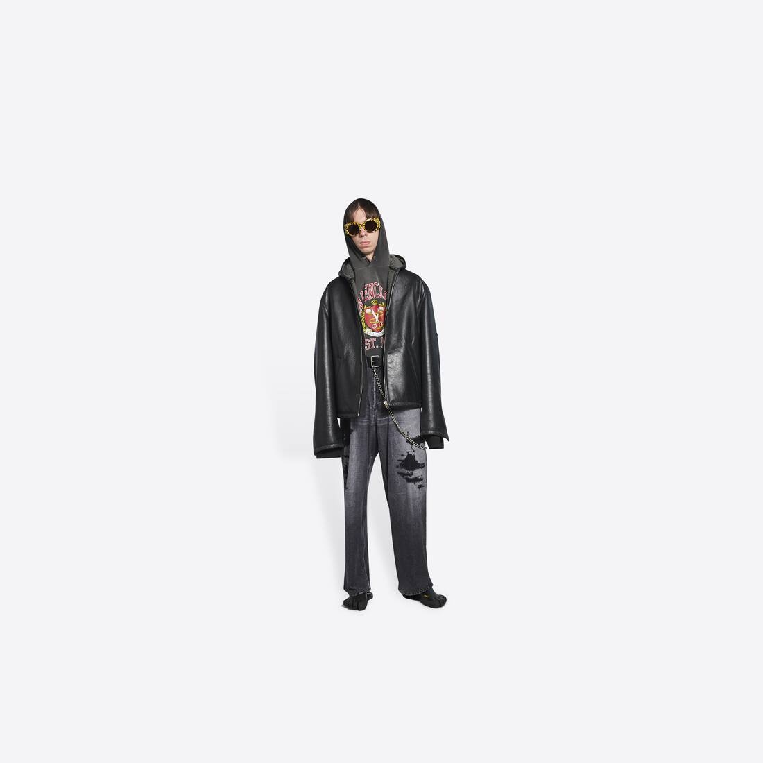 Men's Hooded Shearling Jacket in Black - 3