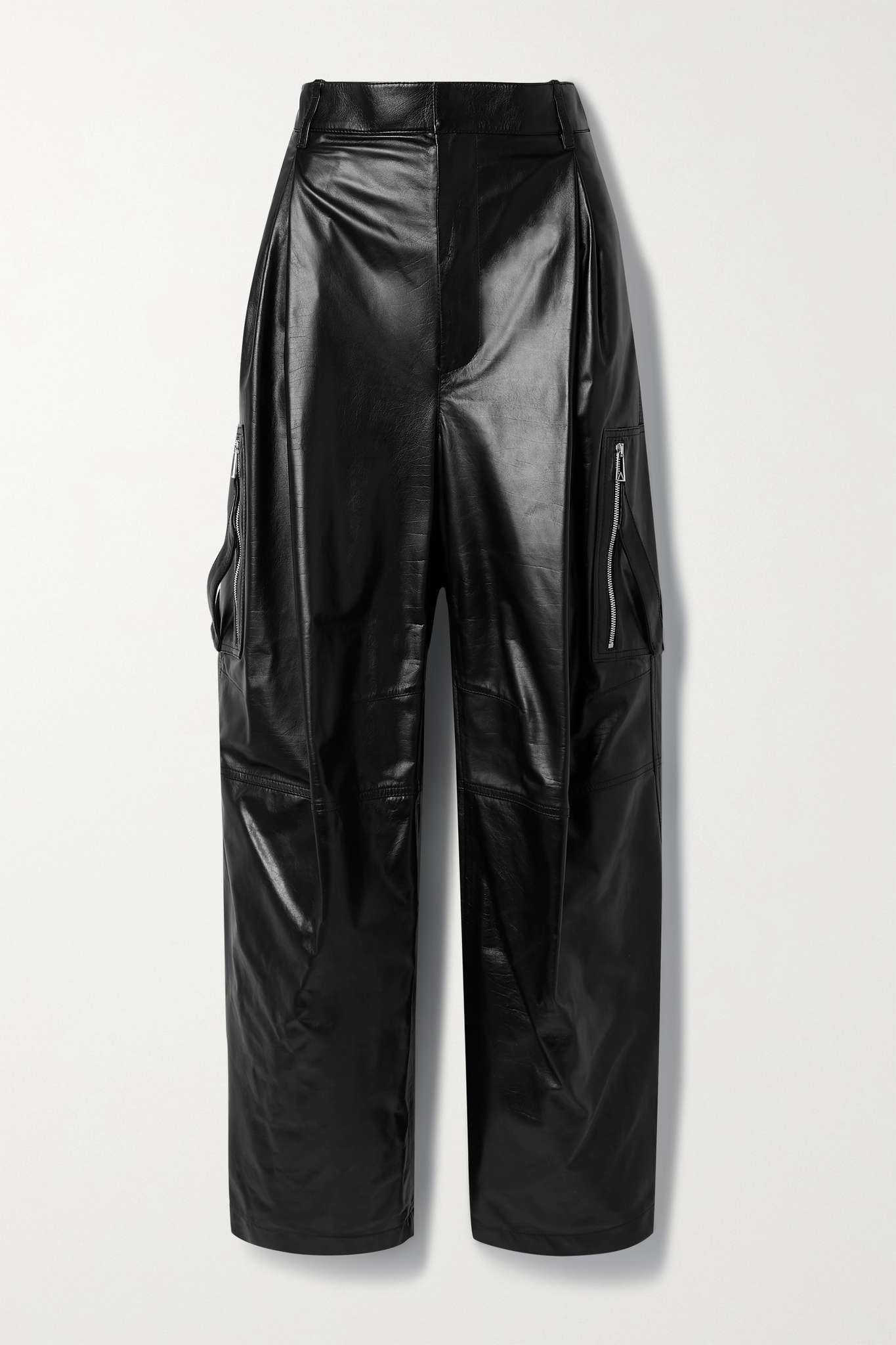 Pleated glossed-leather tapered cargo pants - 1