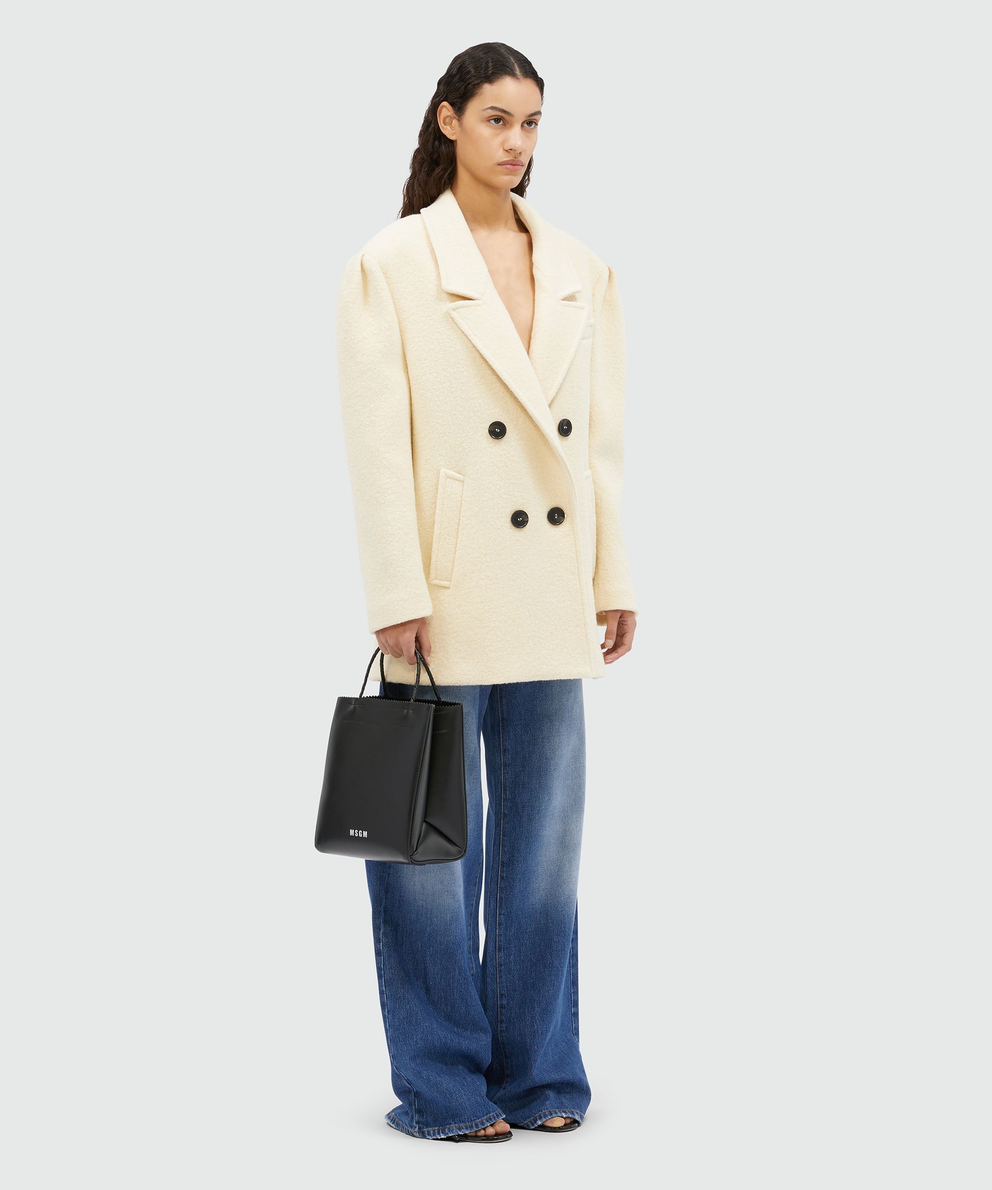 Beige double-breasted bouclé wool pea coat - 4