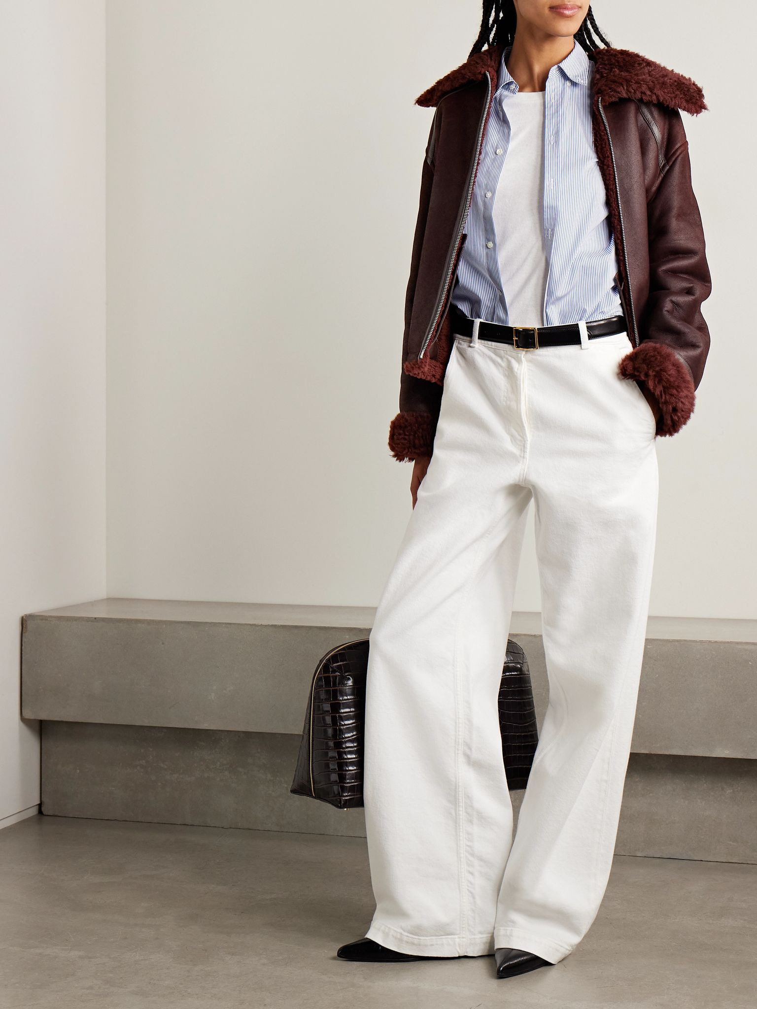 Shearling-trimmed leather jacket Burgundy - 2