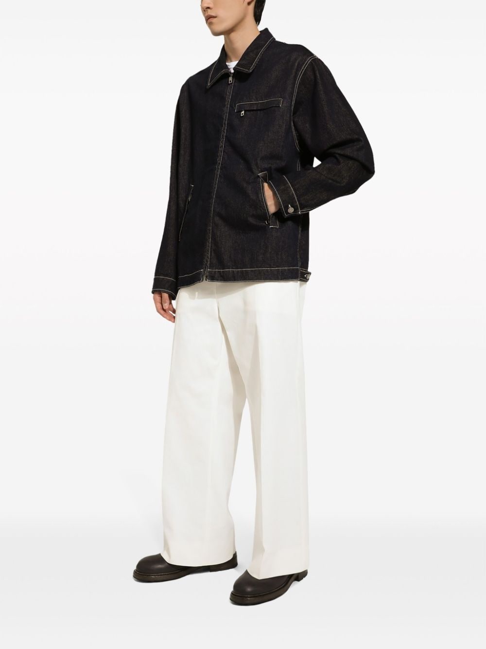 contrast-stitch zip-up denim jacket - 2