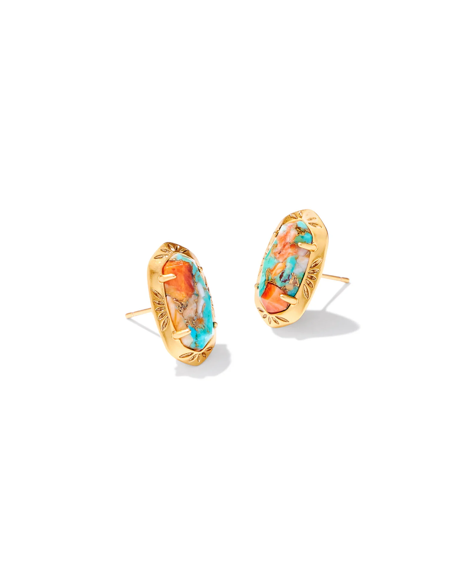 Ellie Vintage Gold Etch Frame Stud Earrings in Bronze Veined Turquoise Magnesite Red Oyster - 1