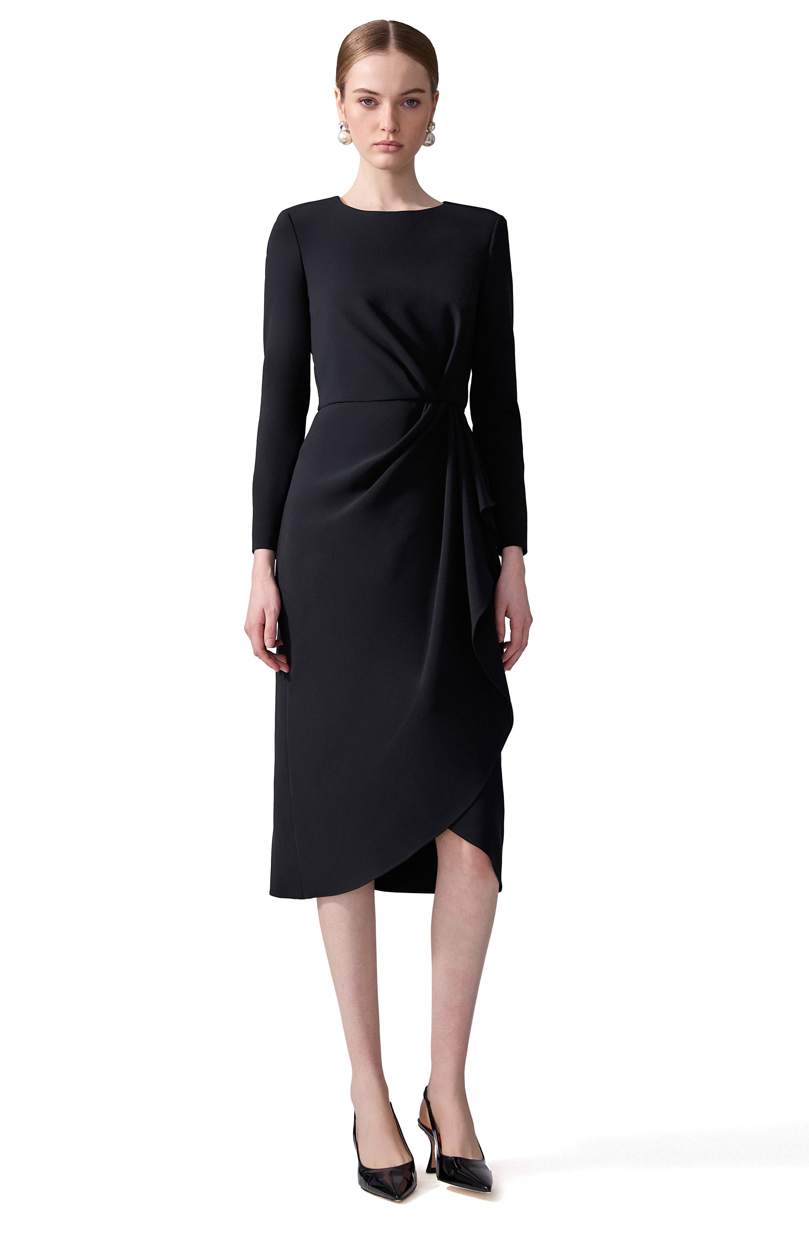 Carolina Herrera Pleated Long Sleeve Tulip Midi Dress in Black at Nordstrom - 7