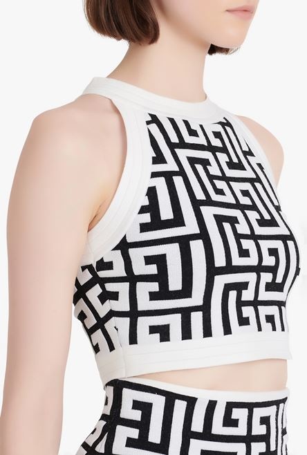 Black and white knit crop top with Balmain monogram - 6