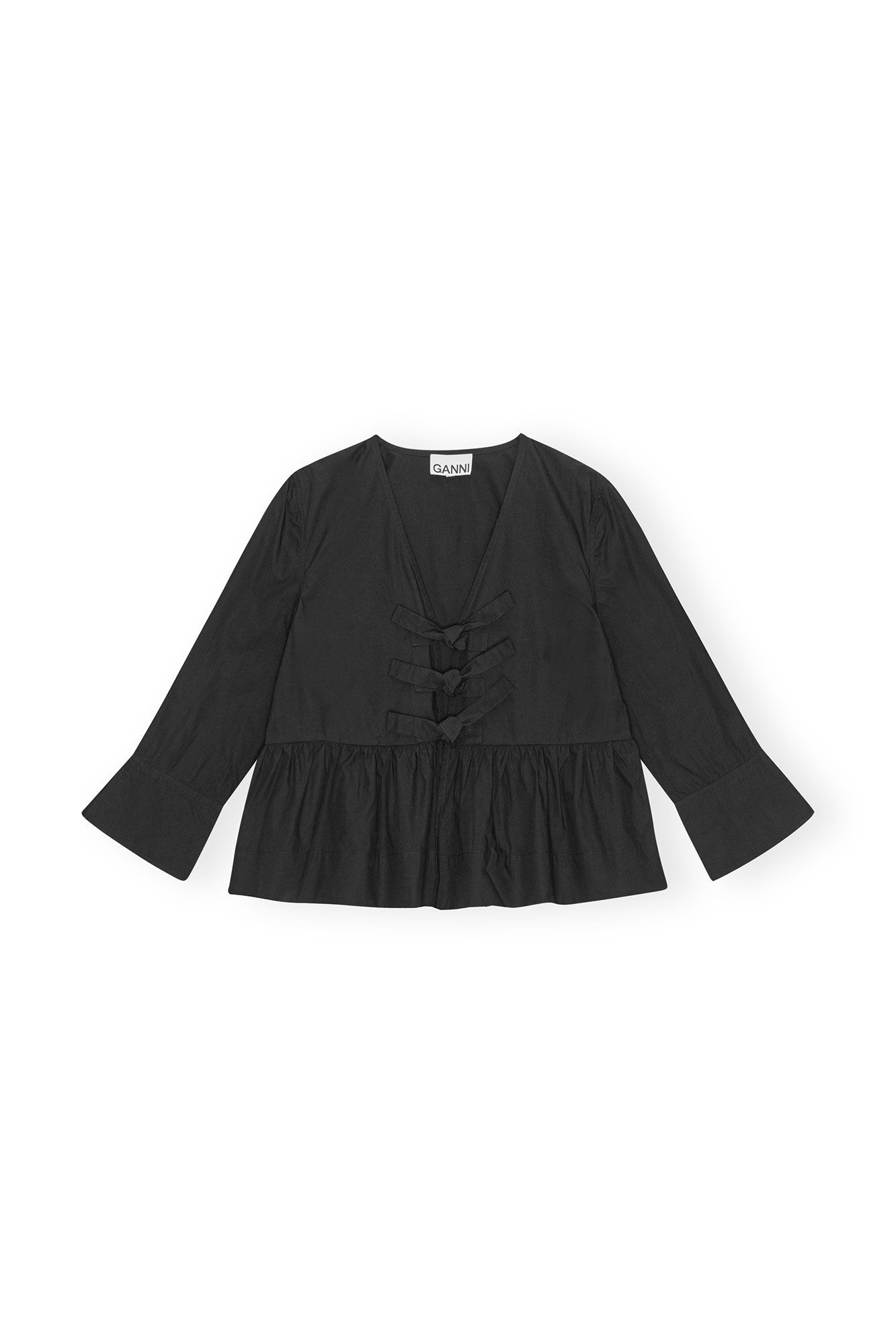 BLACK COTTON POPLIN TIE STRING PEPLUM BLOUSE - 6