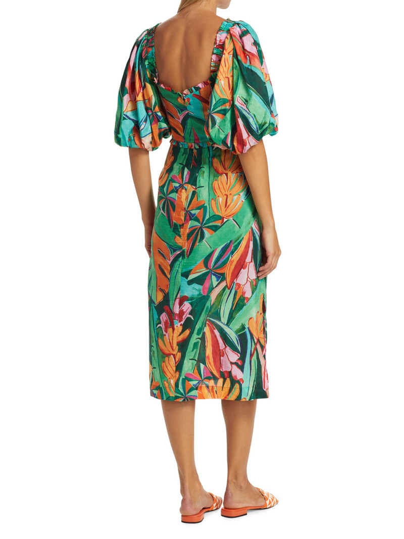 Women's Banana Foliage Puff-Sleeve Cotton Voile Midi-Dress 5