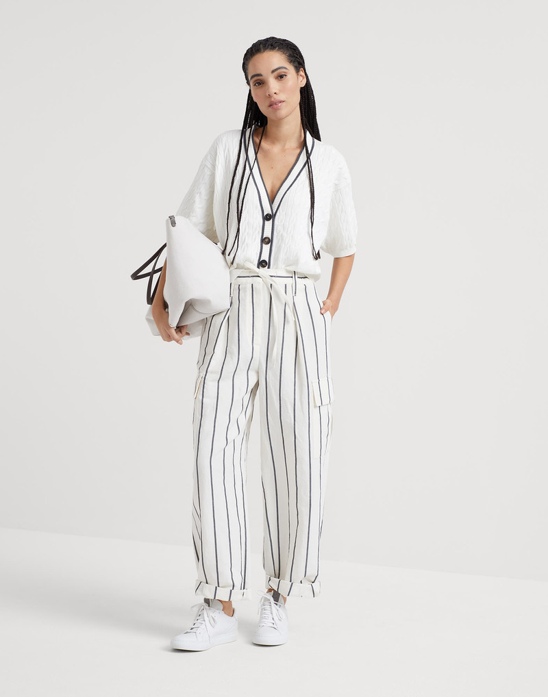Striped linen and cotton baggy cargo trousers with monili 4