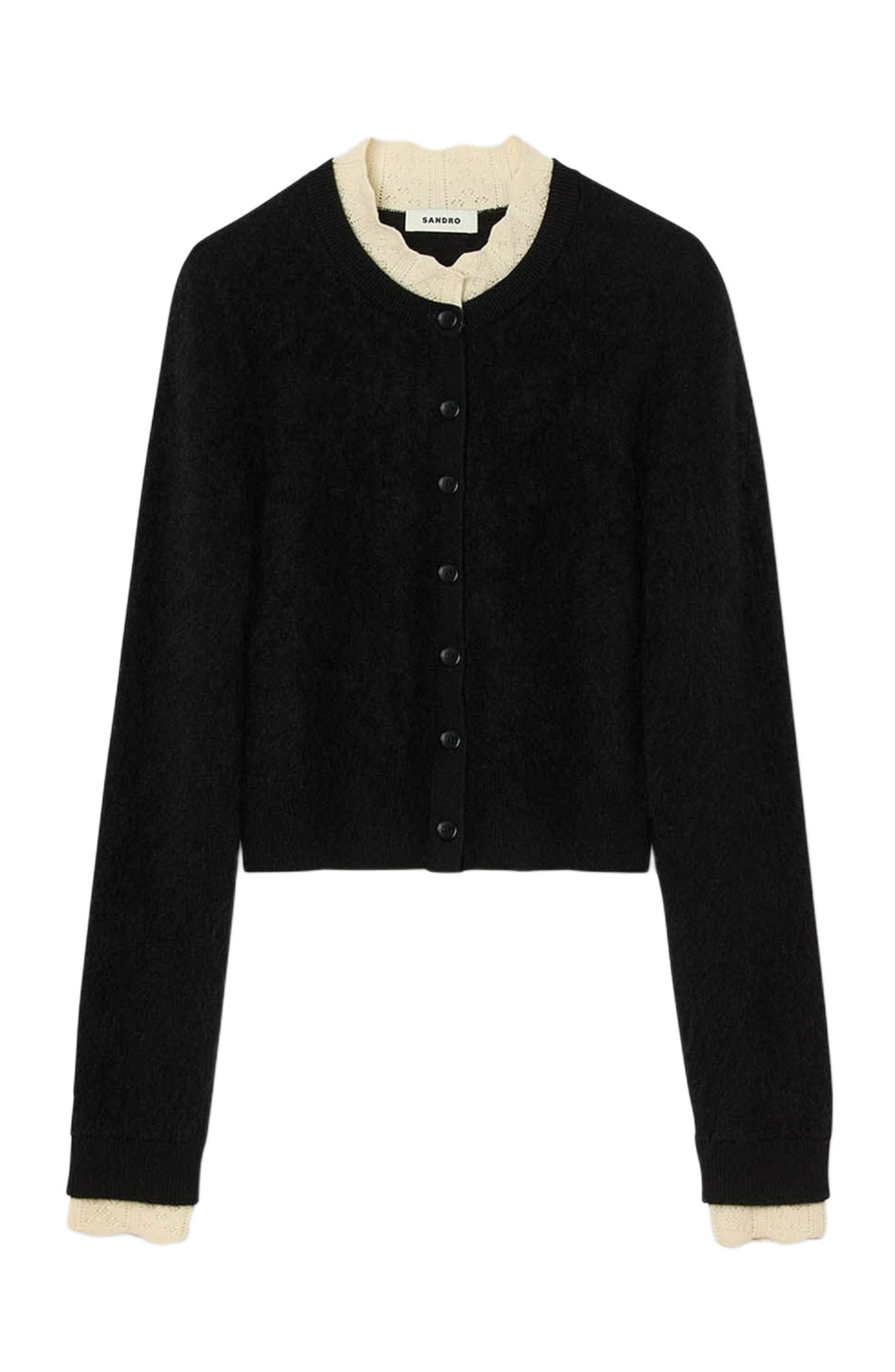 SANDRO Pointelle collar cardigan in Black at Nordstrom - 5