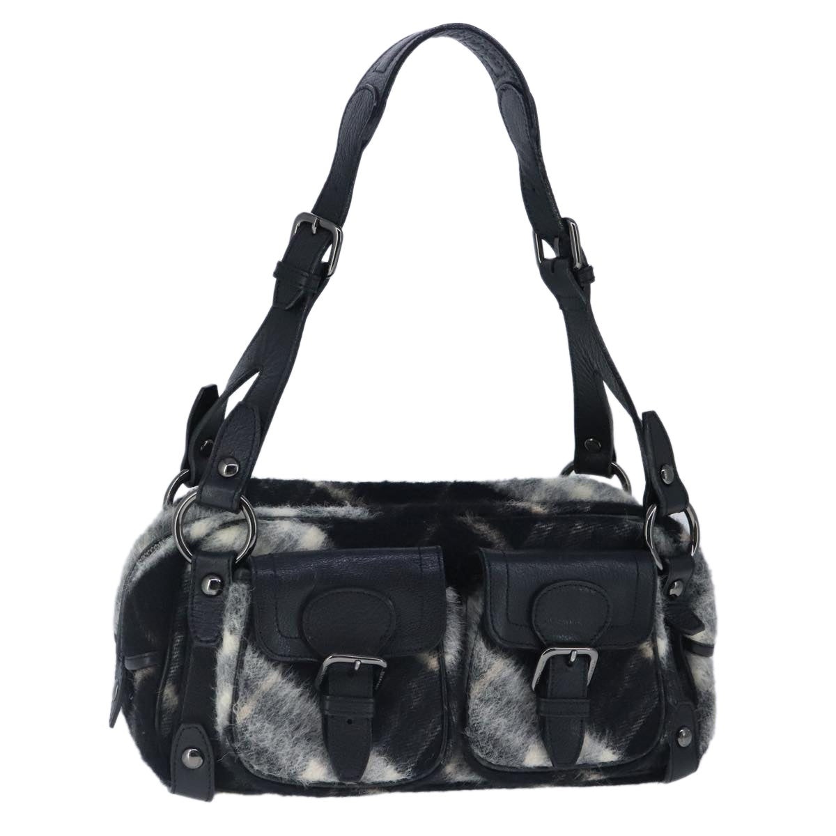 Burberry Nova Check Blue Label Shoulder Bag Wool Leather Black - 1