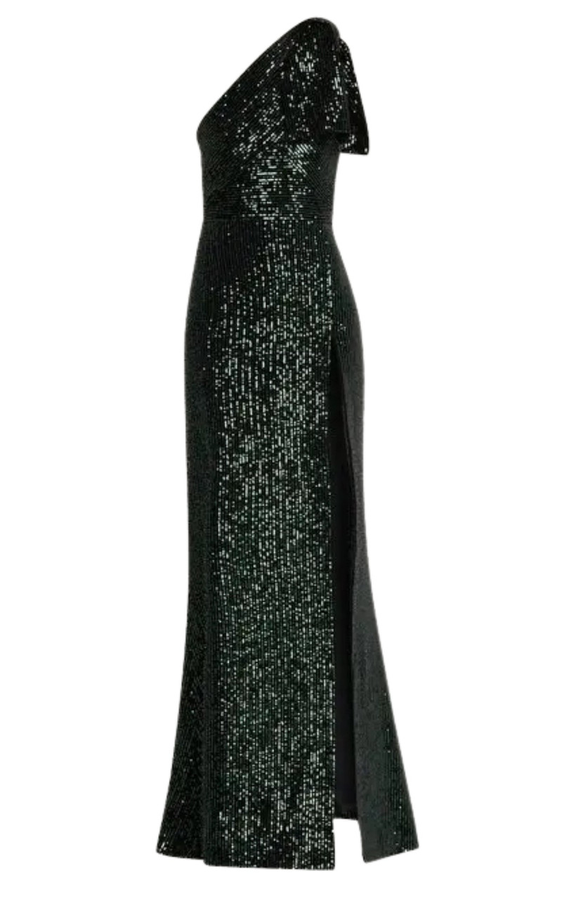 Green Sequinned Velvet One-Shoulder Dress - 1