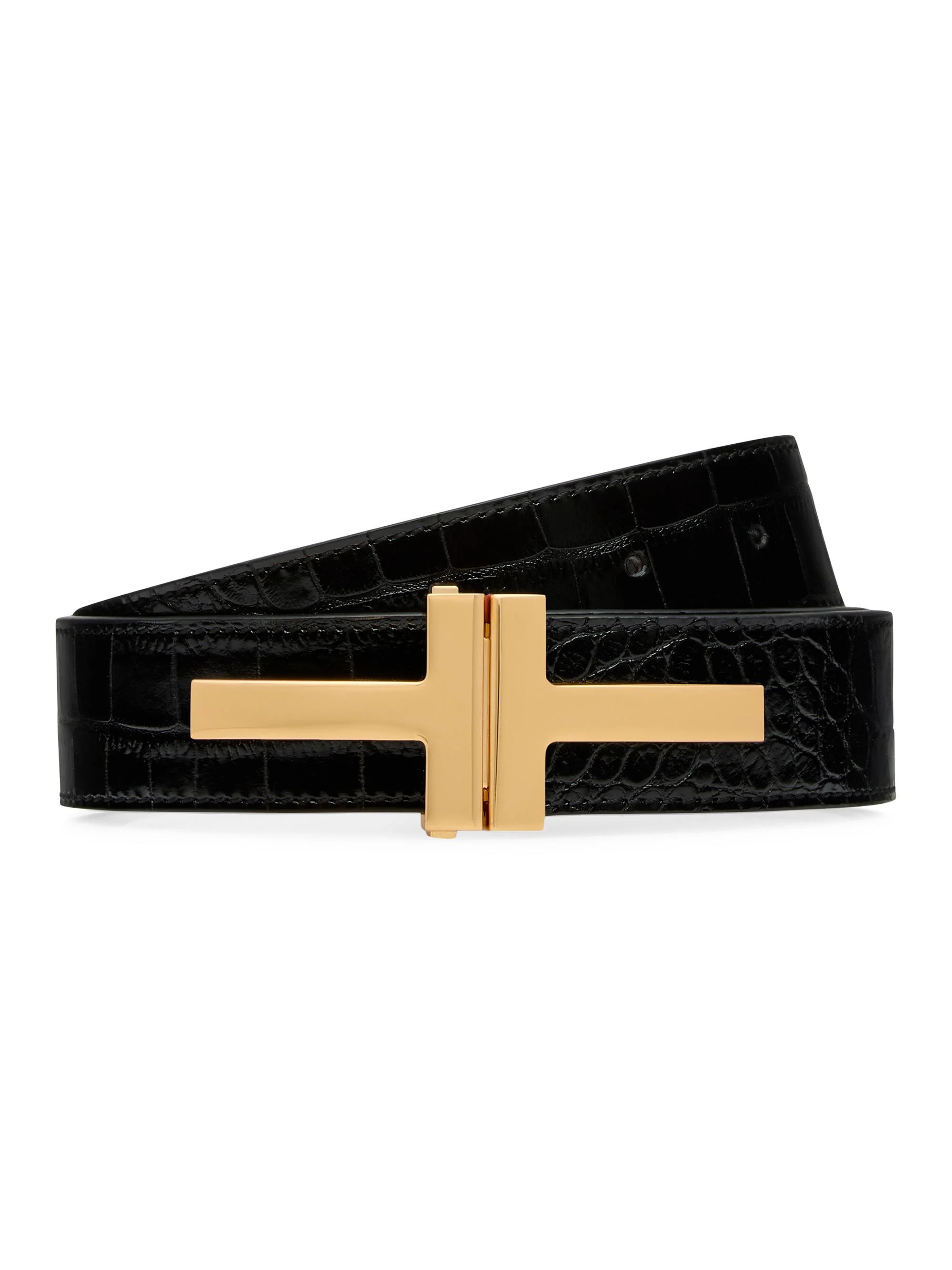 Women's Logo Croc-Embossed Leather Belt - Black - 1