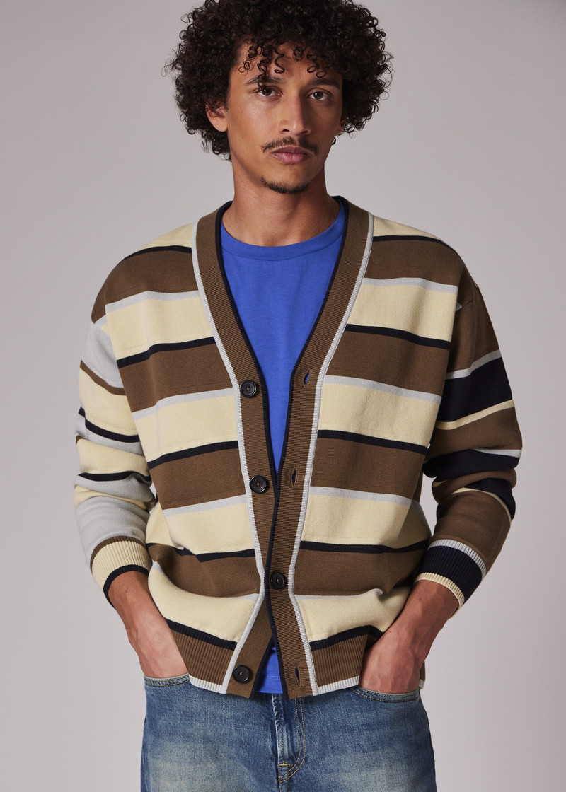Khaki Stripe Milano Cotton Cardigan 4
