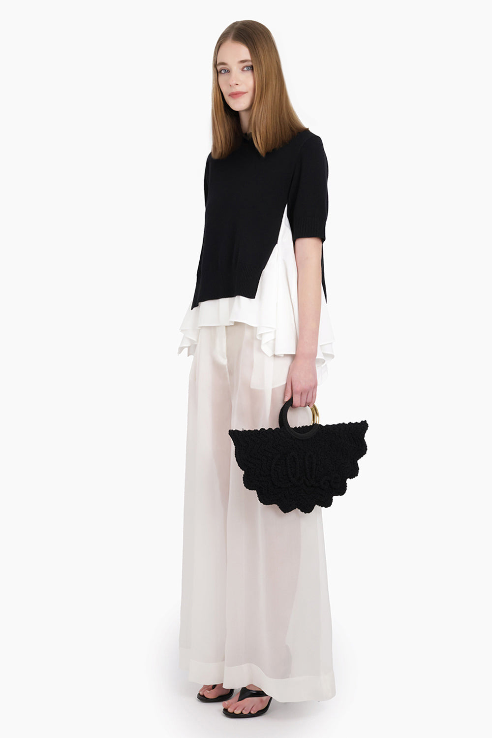 S/S KNIT X SHIRT STYLE TOP | BLACK/OFF WHITE - 5