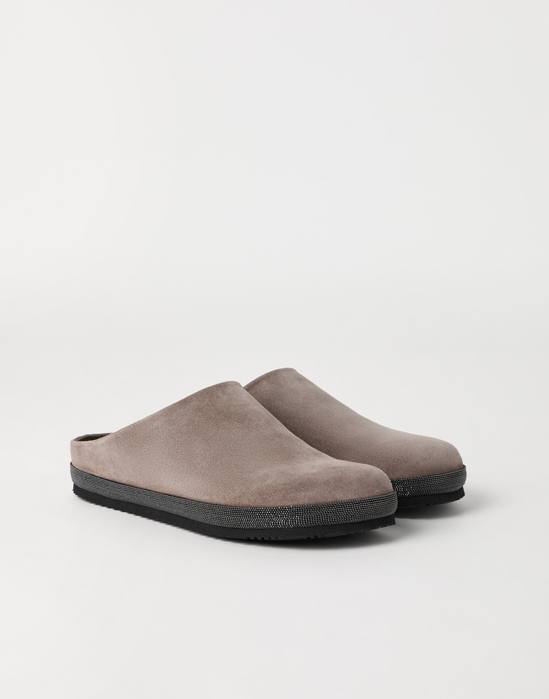 Suede slippers with precious trim 1