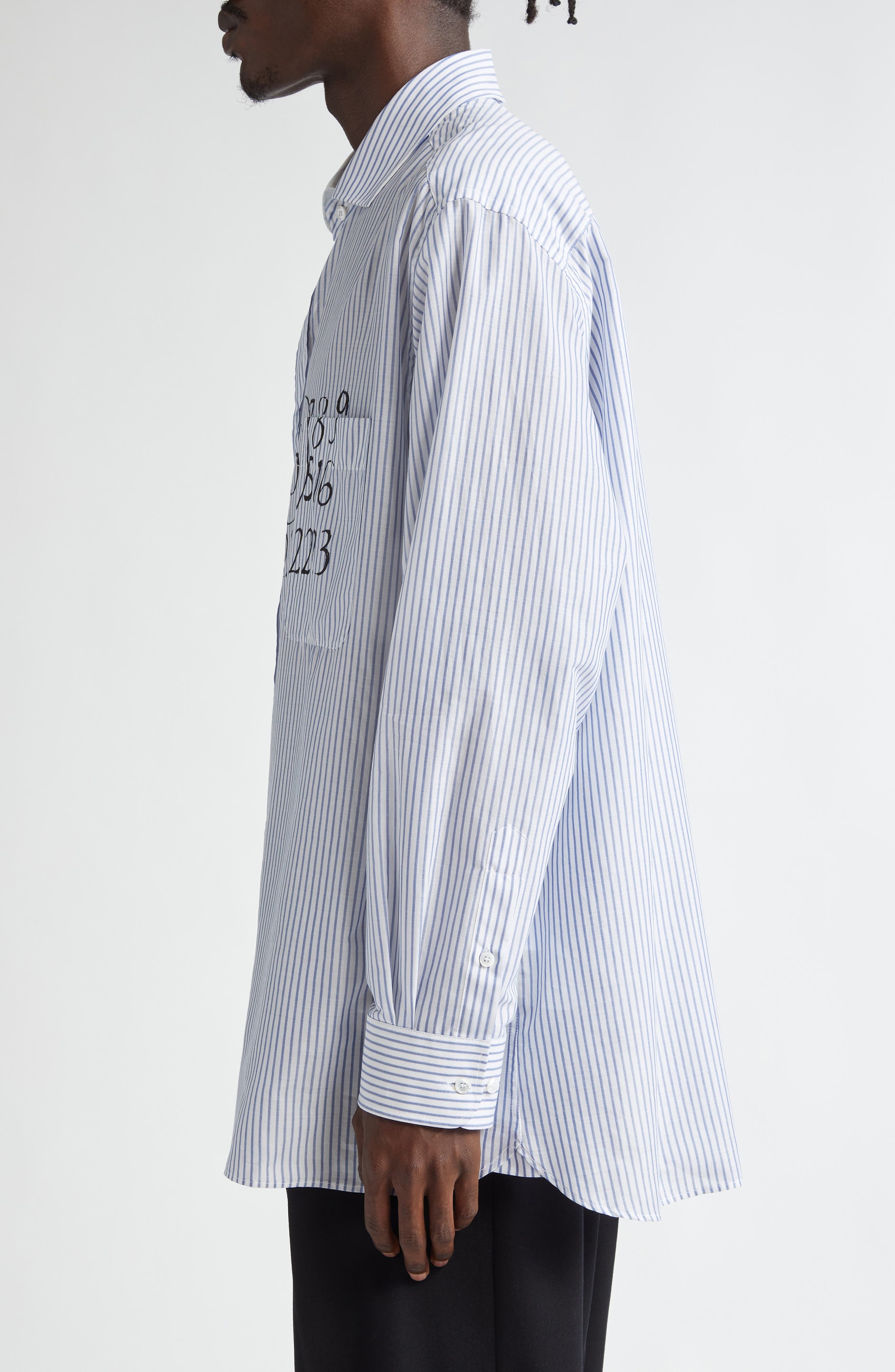 MM6 Maison Margiela Numeric Motif Stripe Asymmetric Cotton Poplin Shirt in Stripes White/beige/blue  - 4