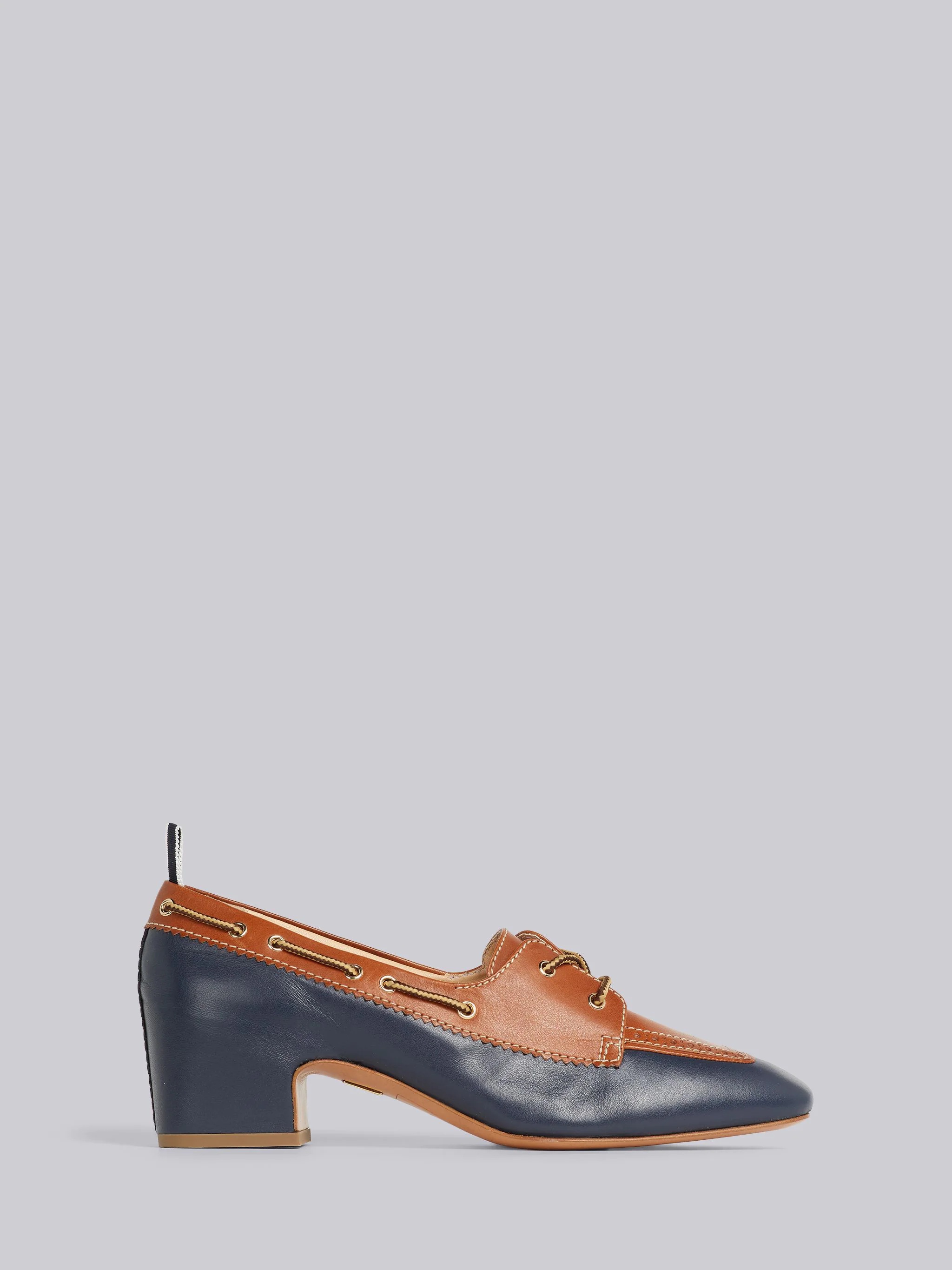 Camel Calf Leather 40mm Block Heel Boat Shoe - 1