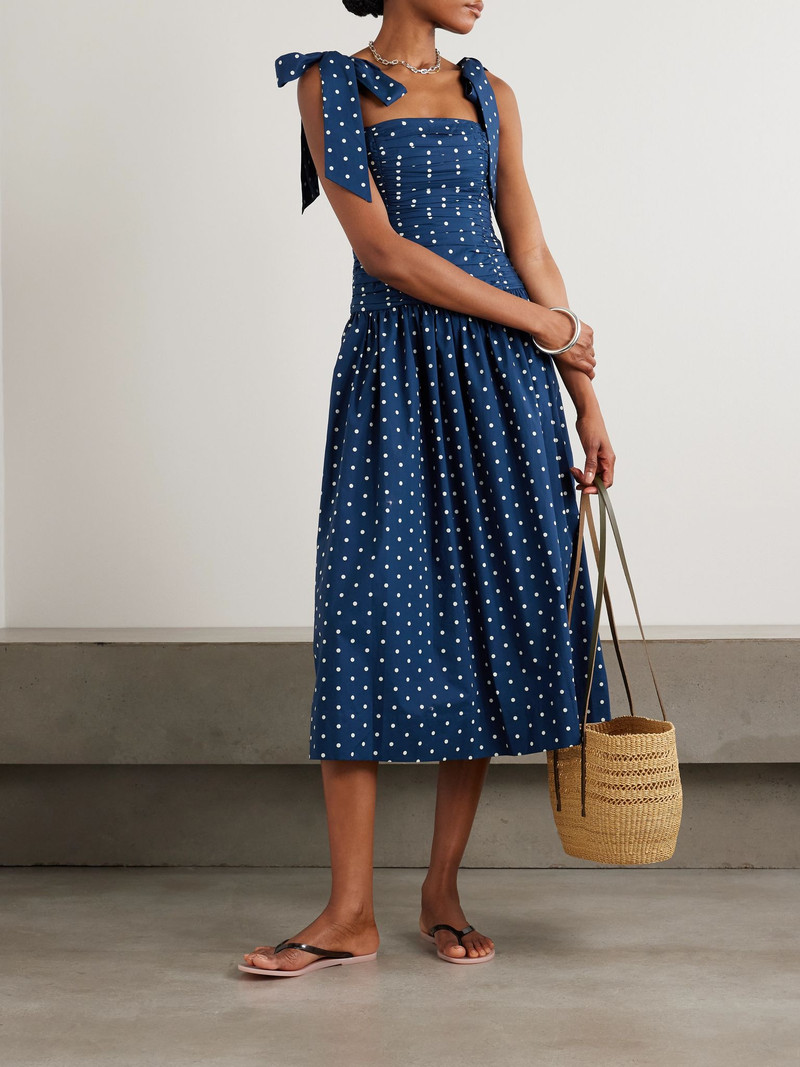 Cara Cara Rahi tie-detailed ruched gathered polka-dot cotton midi dress Navy outlook